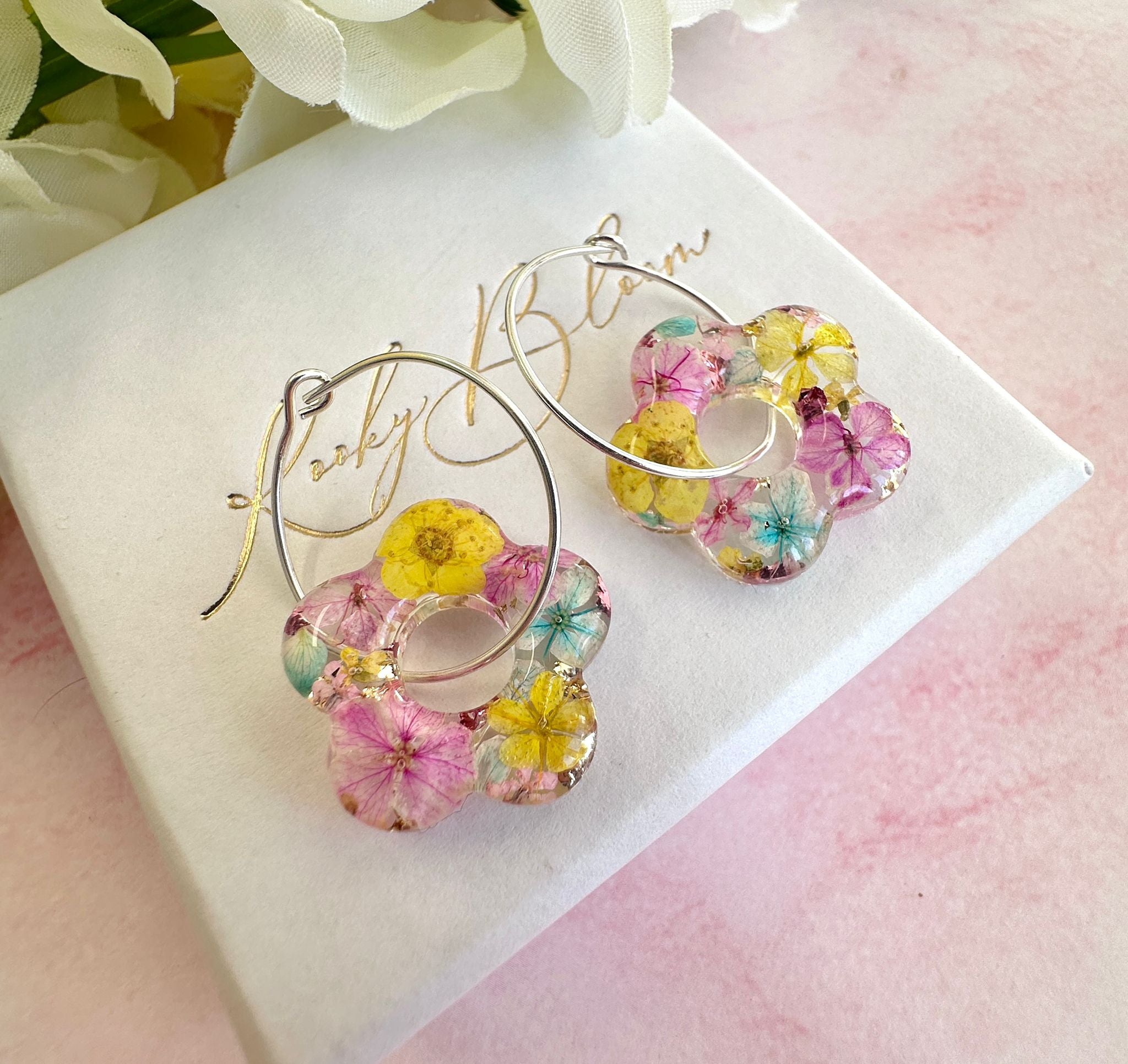 Cotton Candy Bloom flower hoop earrings.