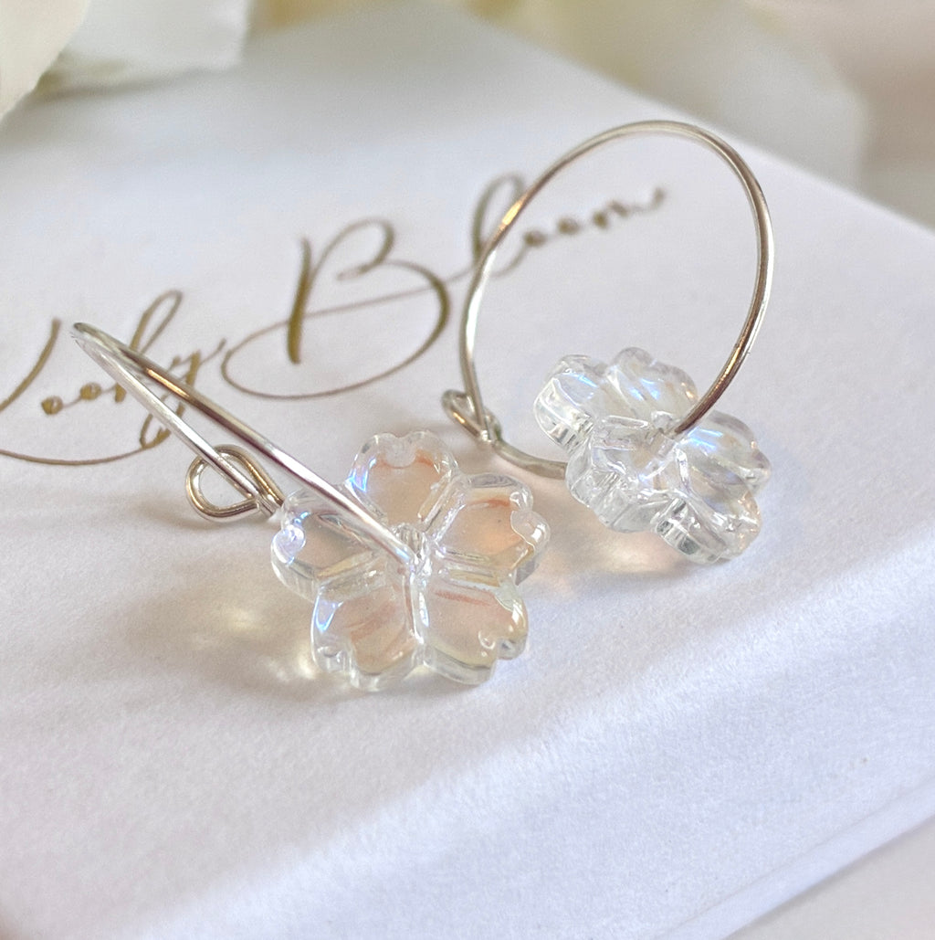 925 Sterling silver Iridescent AB Glass flower hoop earrings.