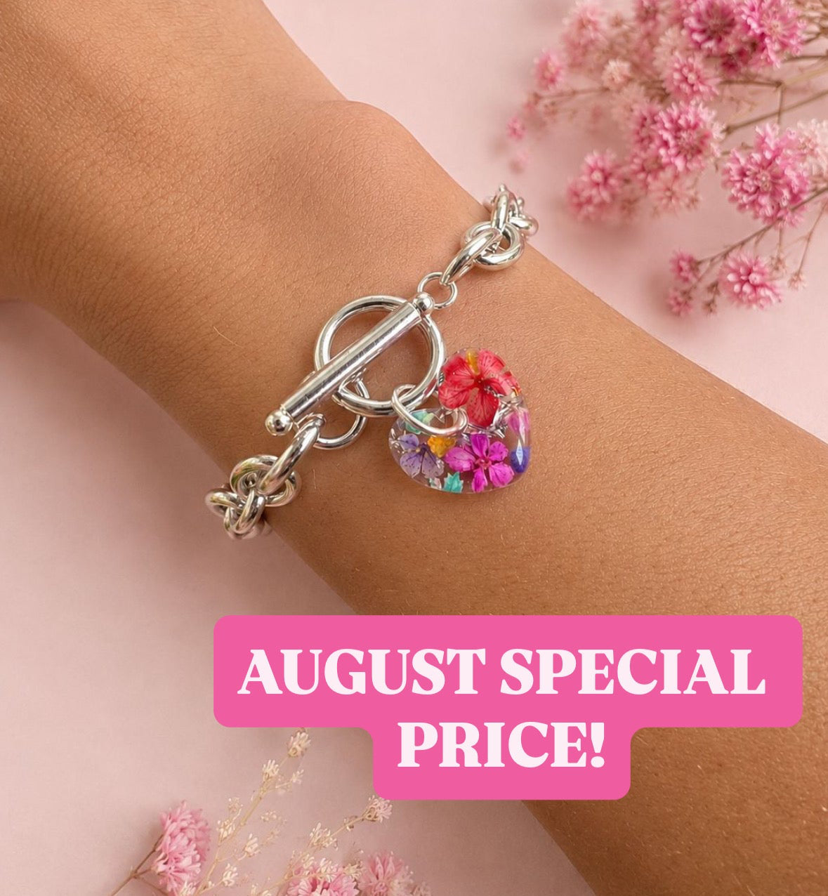 Silver Summer bloom heart toggle clasp bracelet.