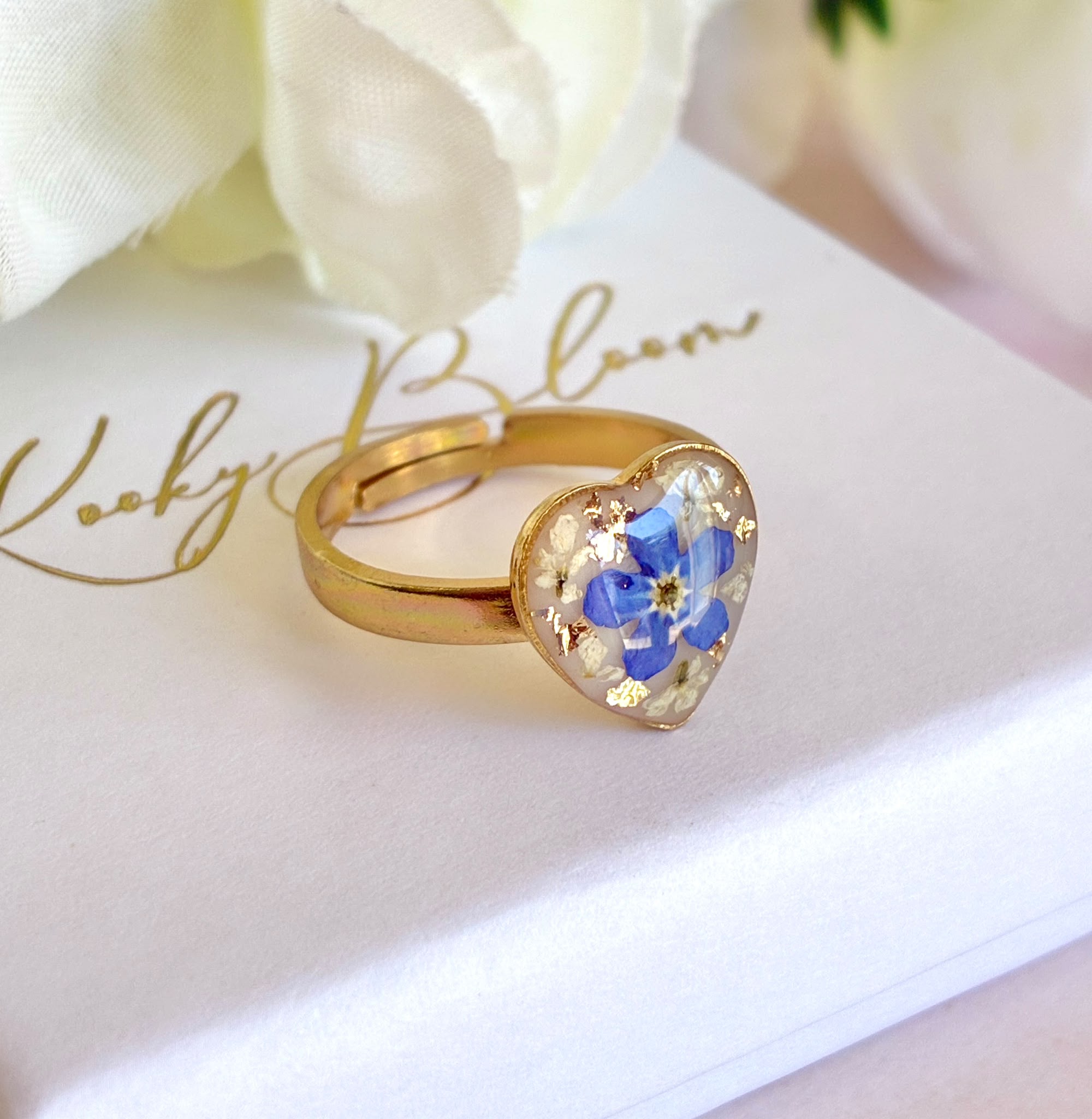 Gold Forget me not flower Heart ring.