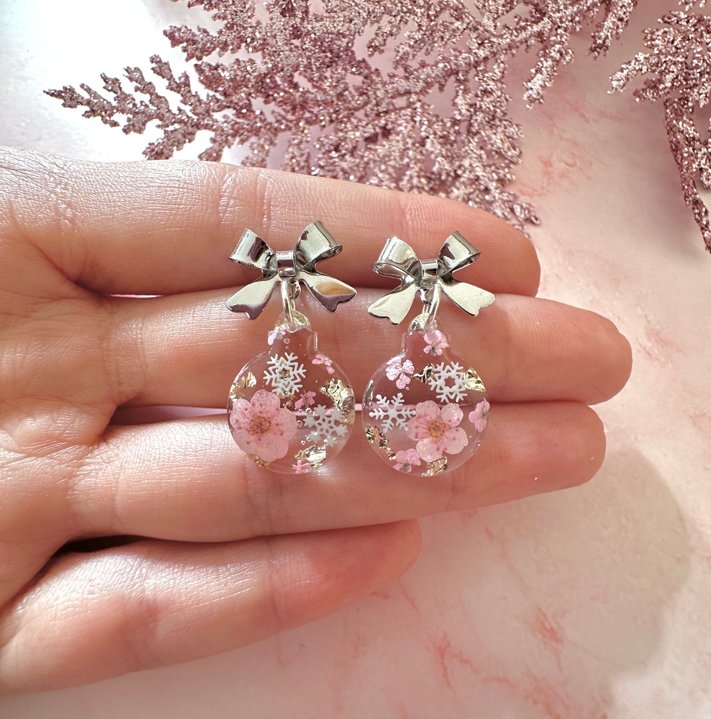 Silver Baby pink bloom Bauble Drop earrings.