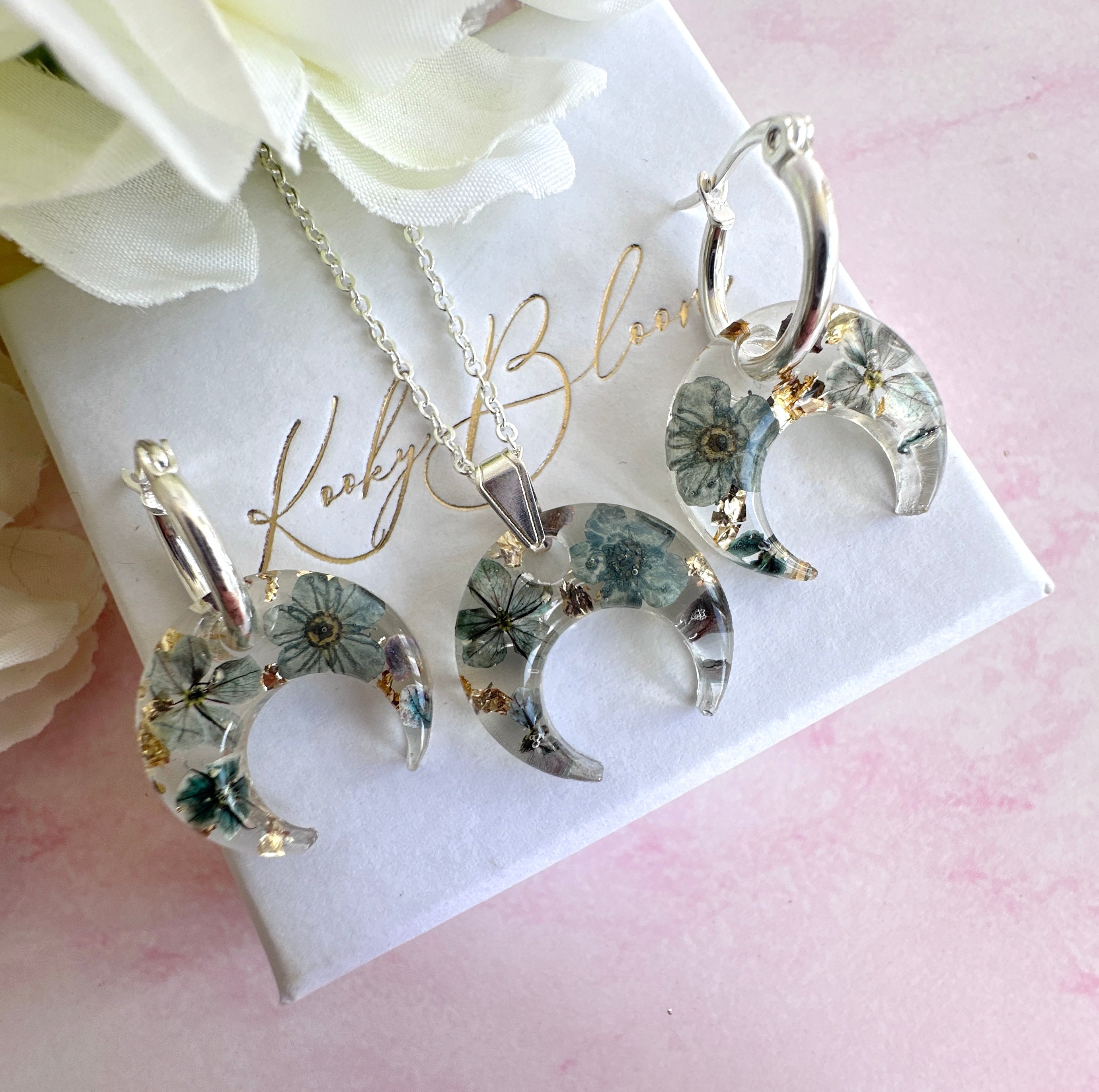 Silver Midnight petal flower crescent necklace