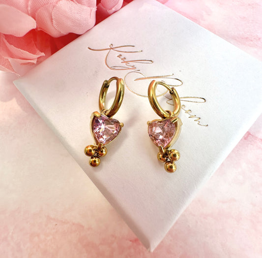 Gold Tri-bead Pink Heart hoop earrings.