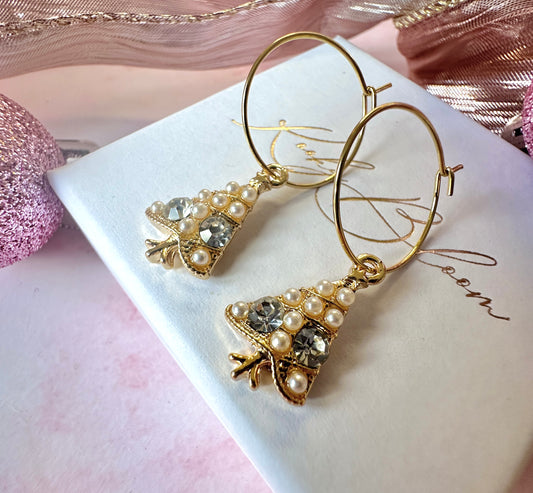 Gold Pearl Christmas Tree hoop earrings