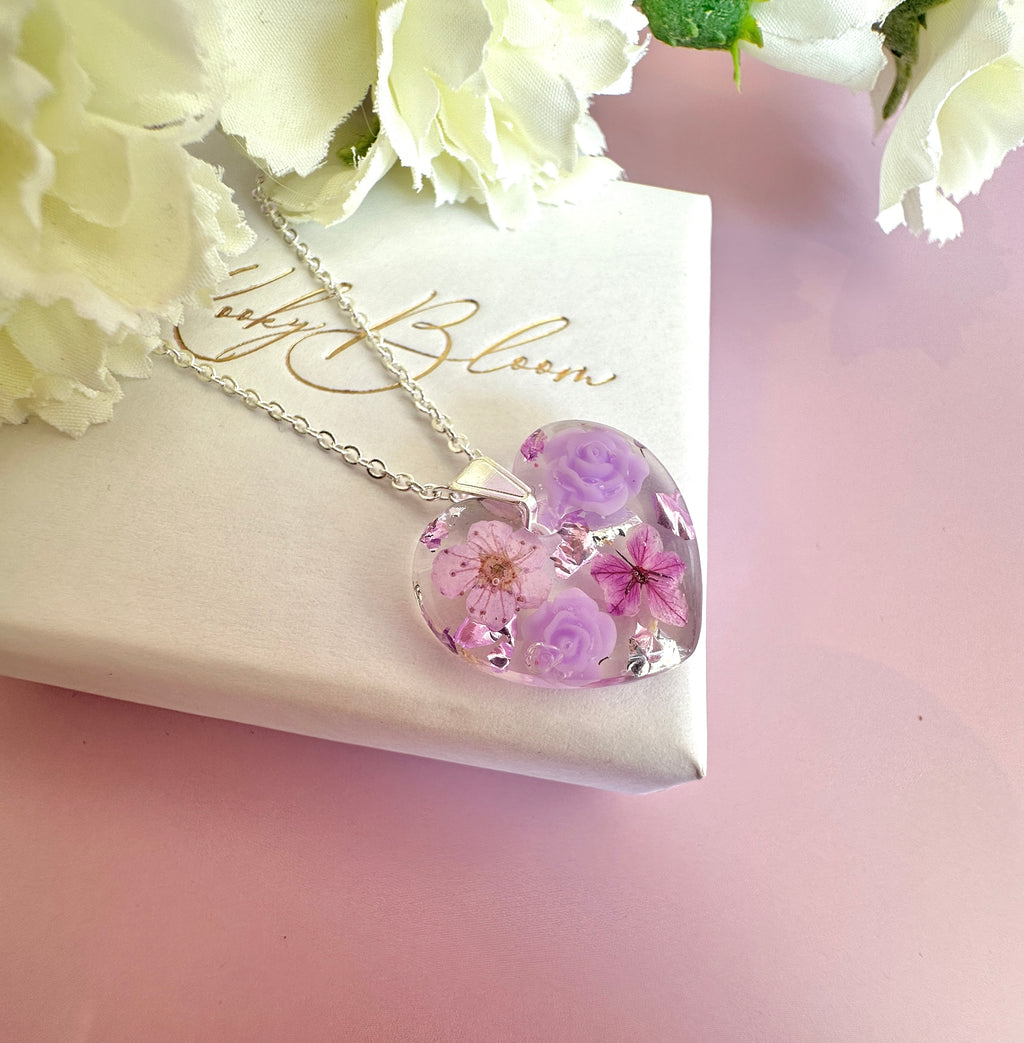 Silver Lilac Rose blossom Heart necklace.