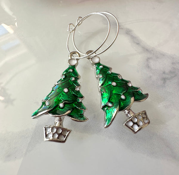 Silver Green Metallic Christmas Tree Hoop earrings.