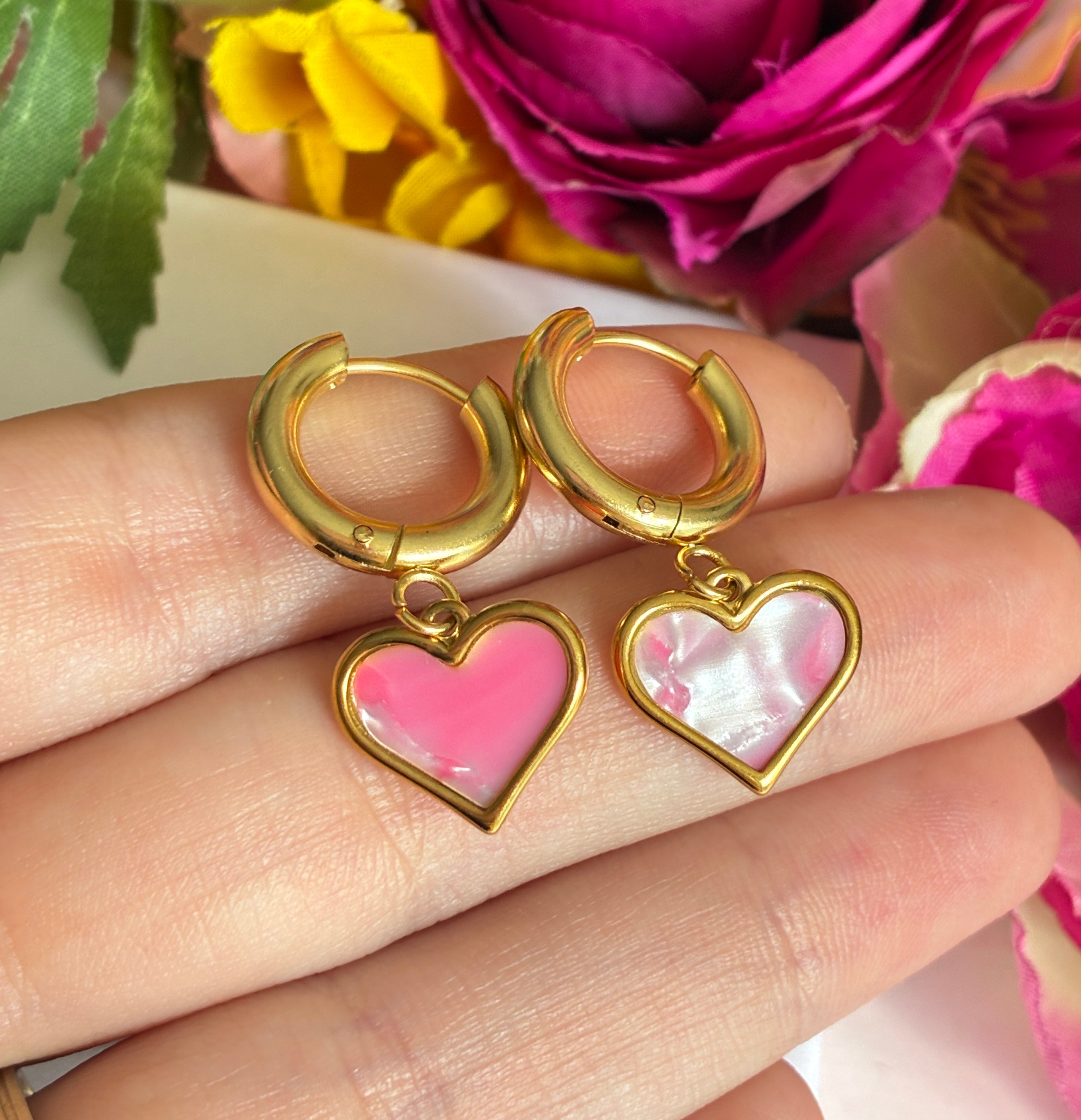 Gold Pink Shell heart Chunky huggie hoop earrings.