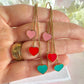 Gold Colourful heart drop thread through earrings.