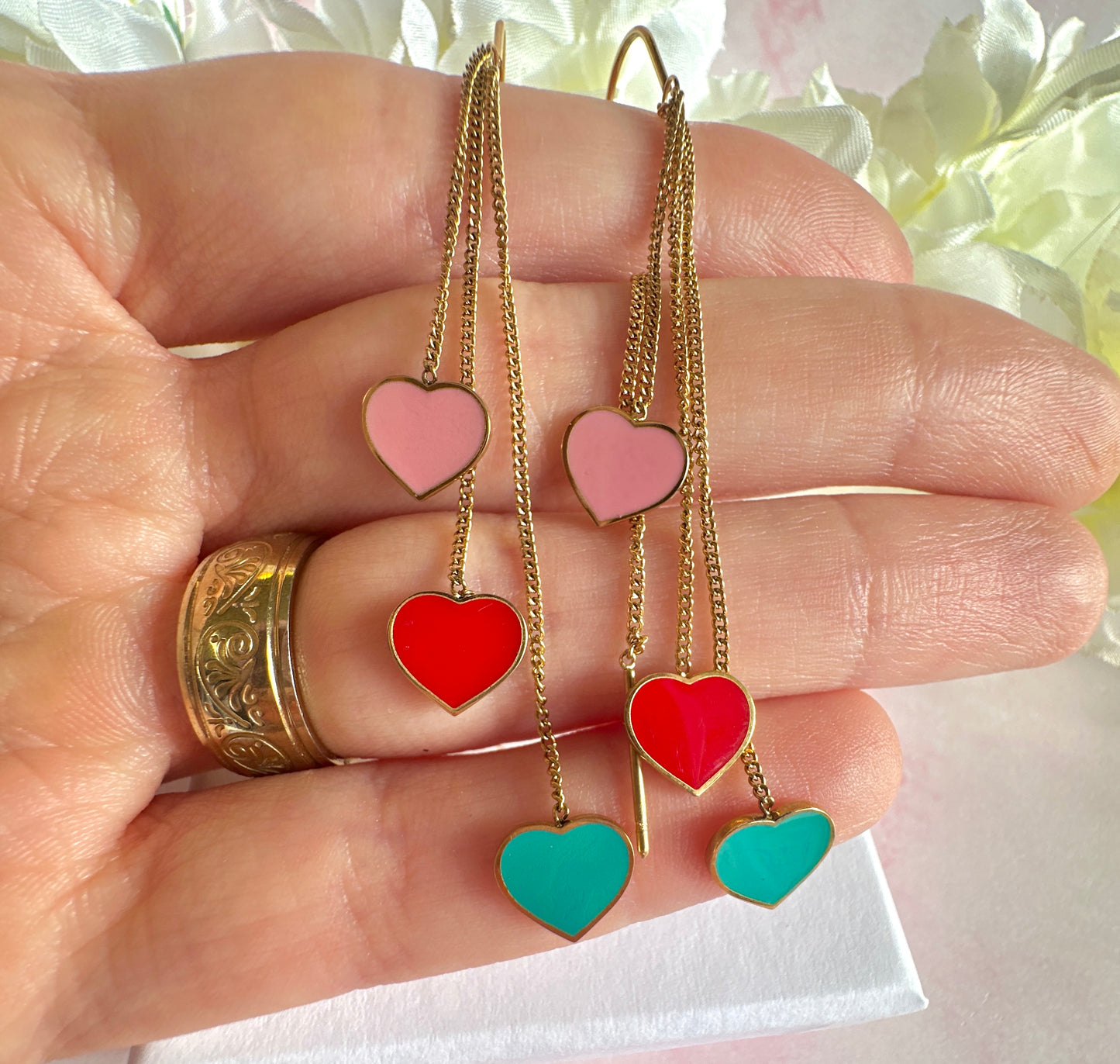 Gold Colourful heart drop thread through earrings.