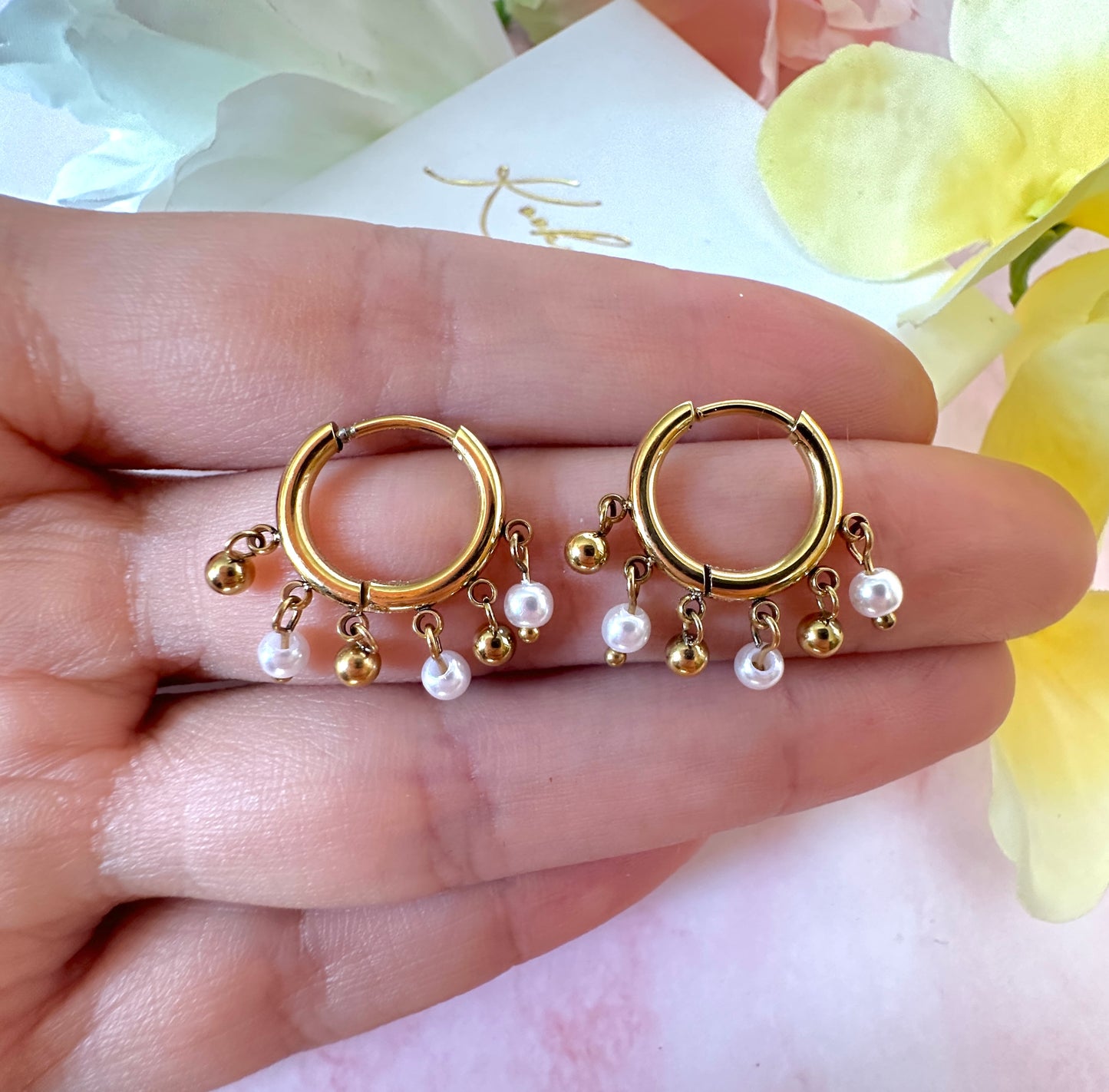 Gold Pearl chandelier huggie hoop earrings.