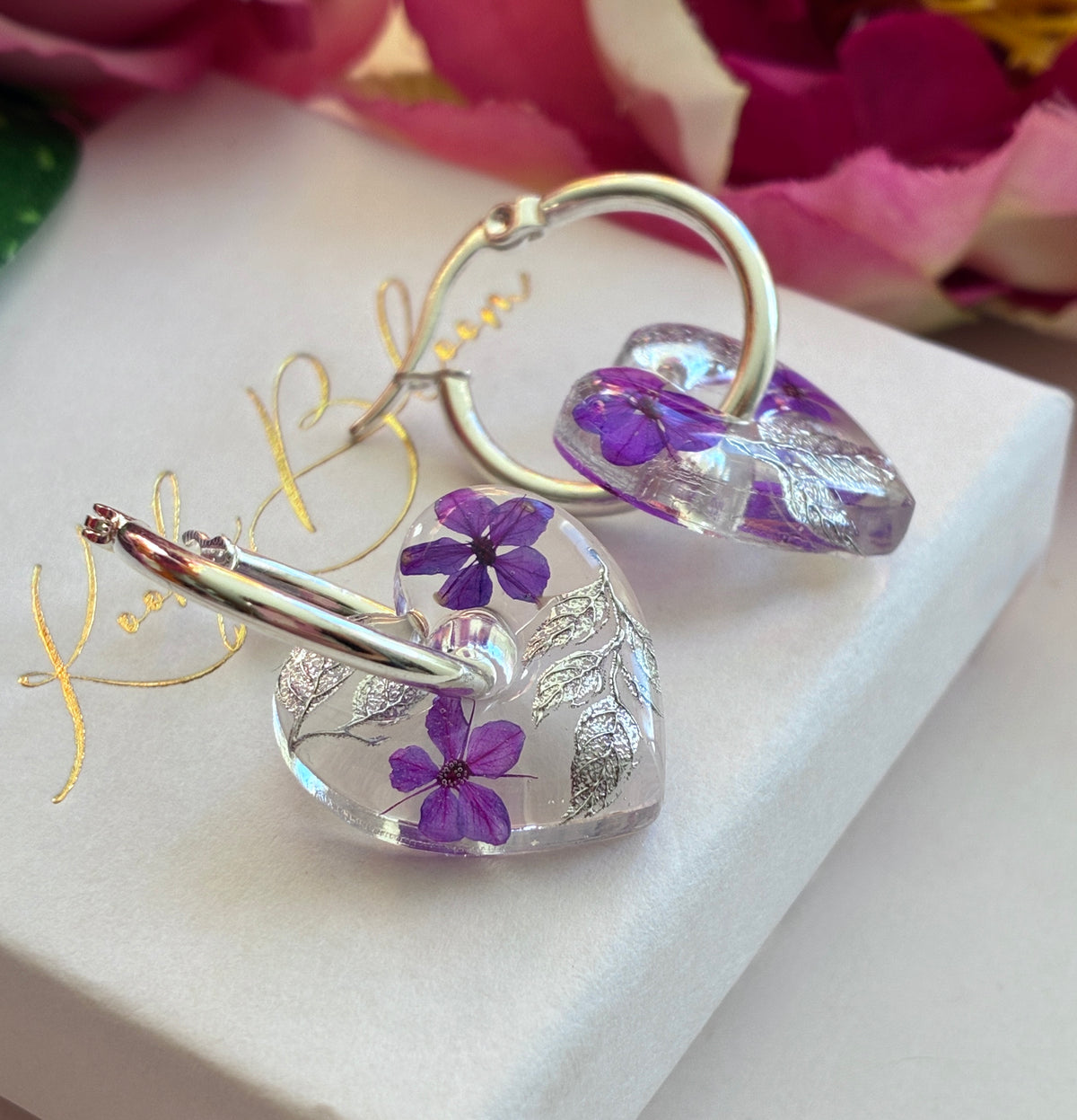 Frosted Violet bloom Heart earrings.