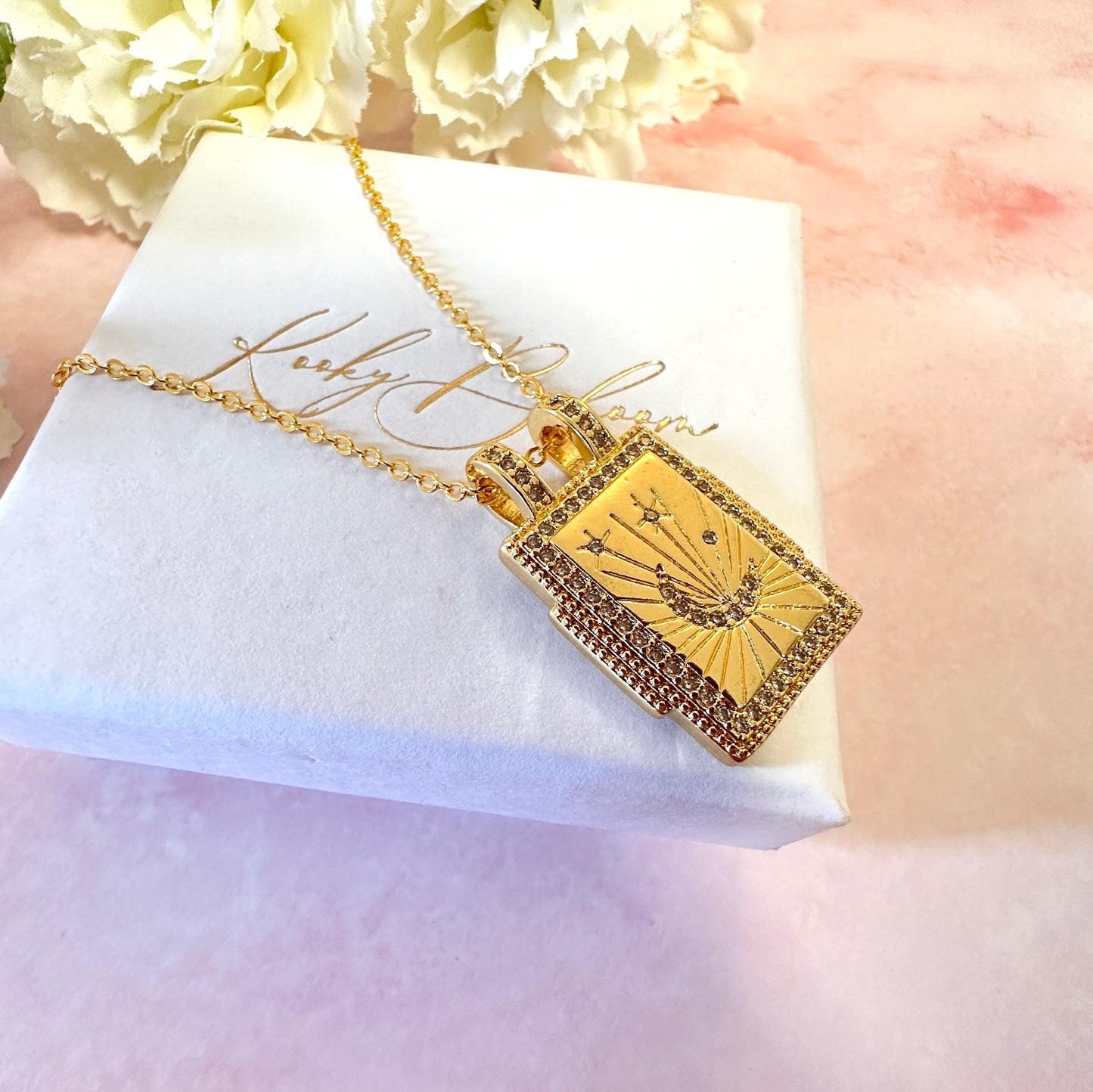 Gold Rectangle Moon & Star Necklace.