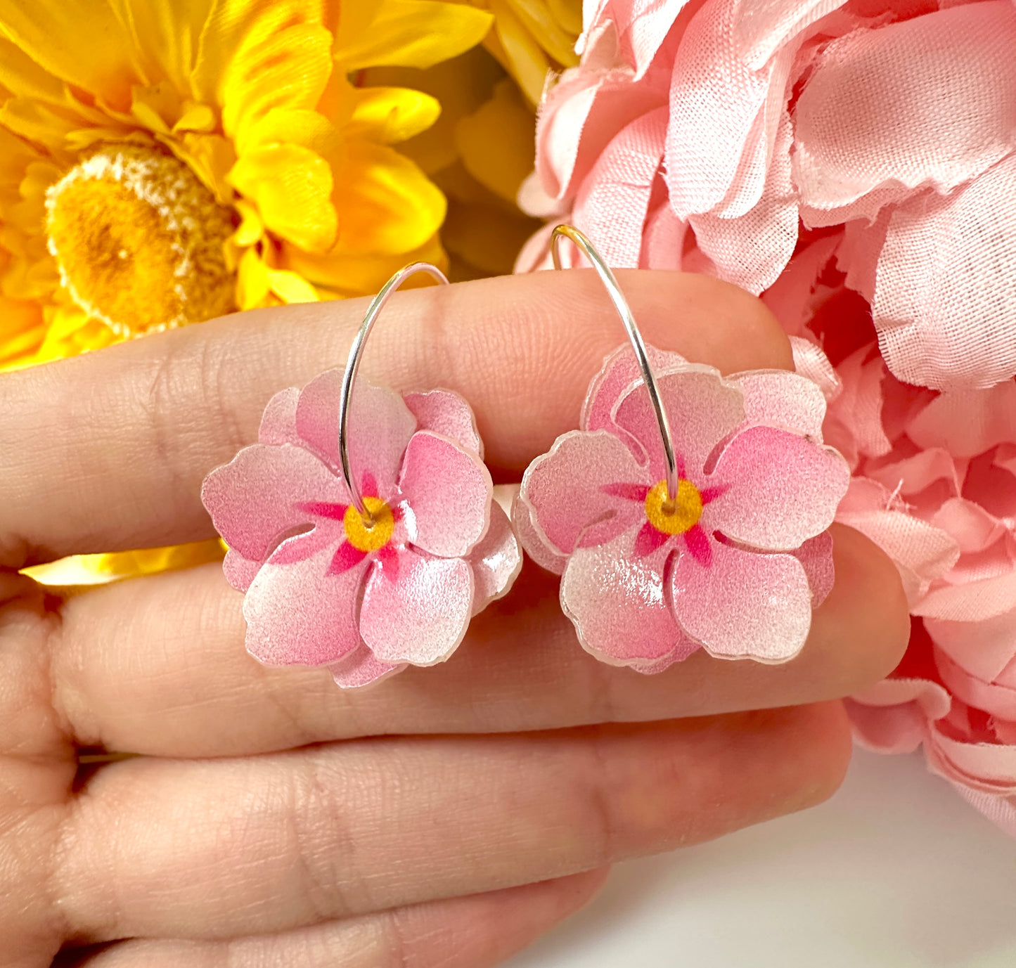 925 sterling silver Pink Blossom hoop earrings.