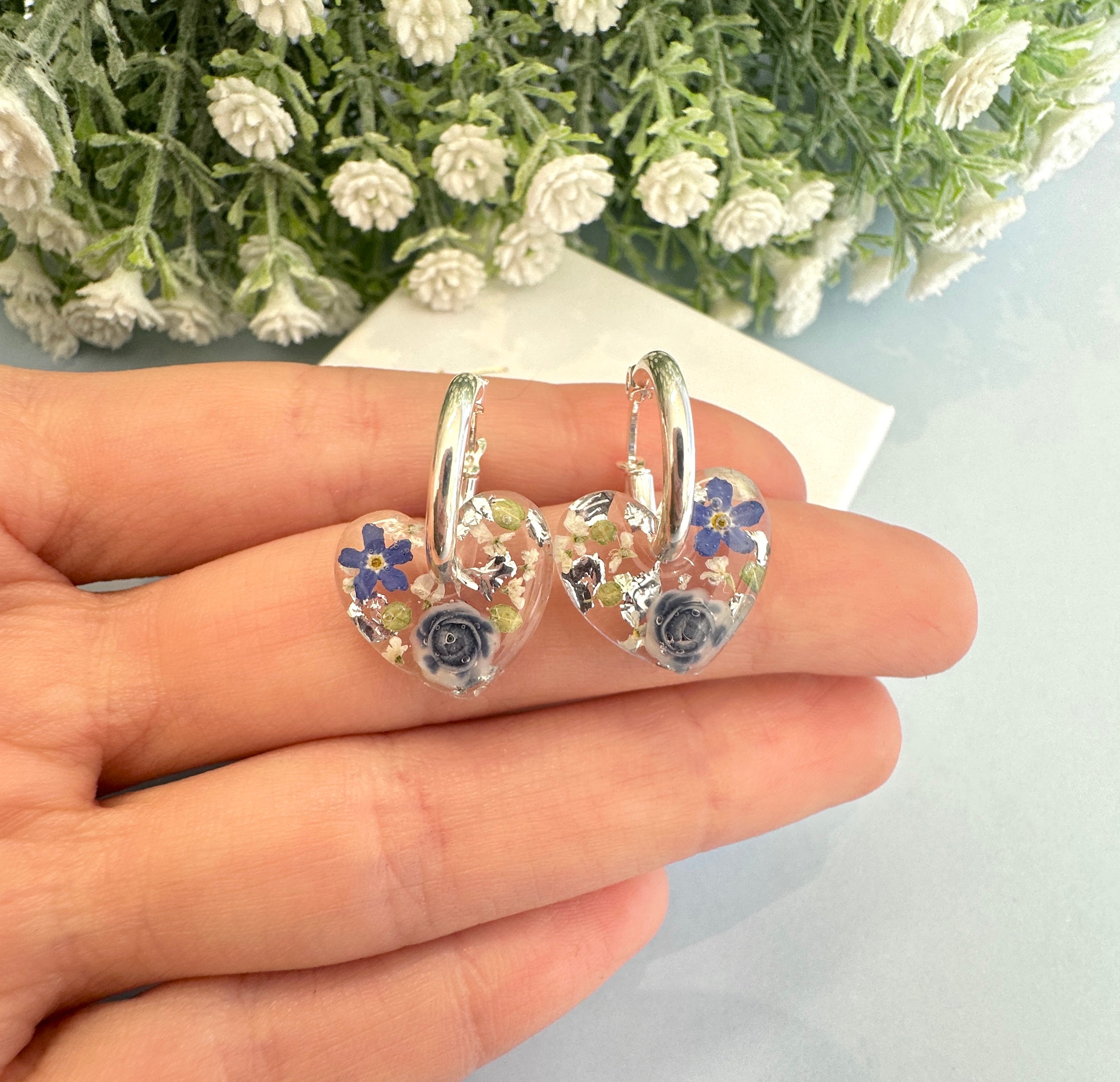 Mini Powder Blue Forget me not heart hoop earrings.