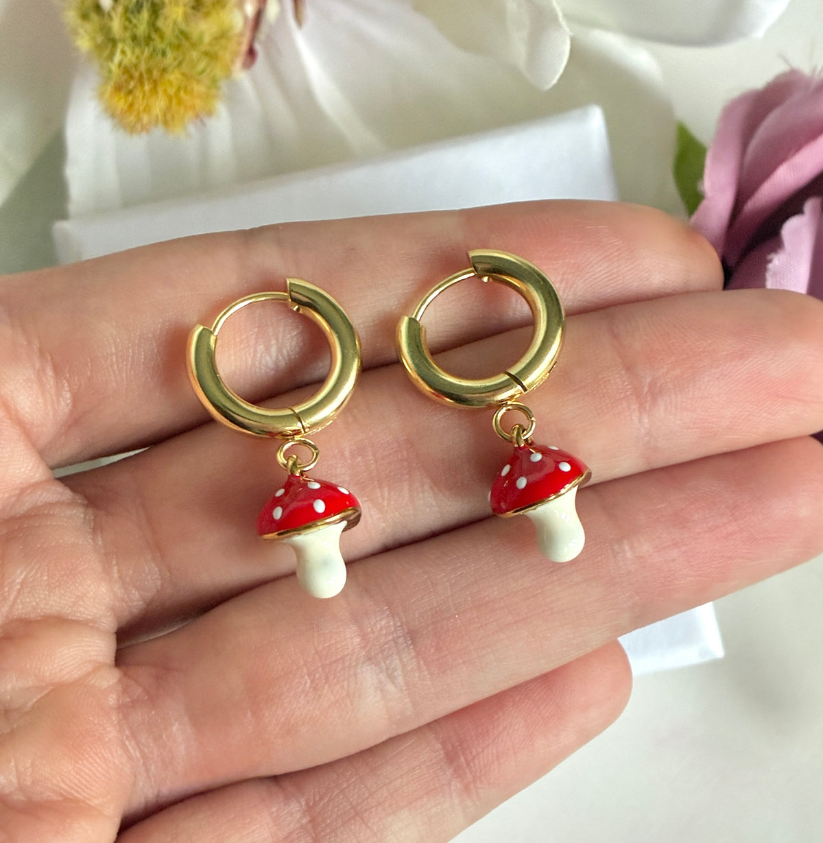Gold Enamel Toadstool chunky huggie earrings.