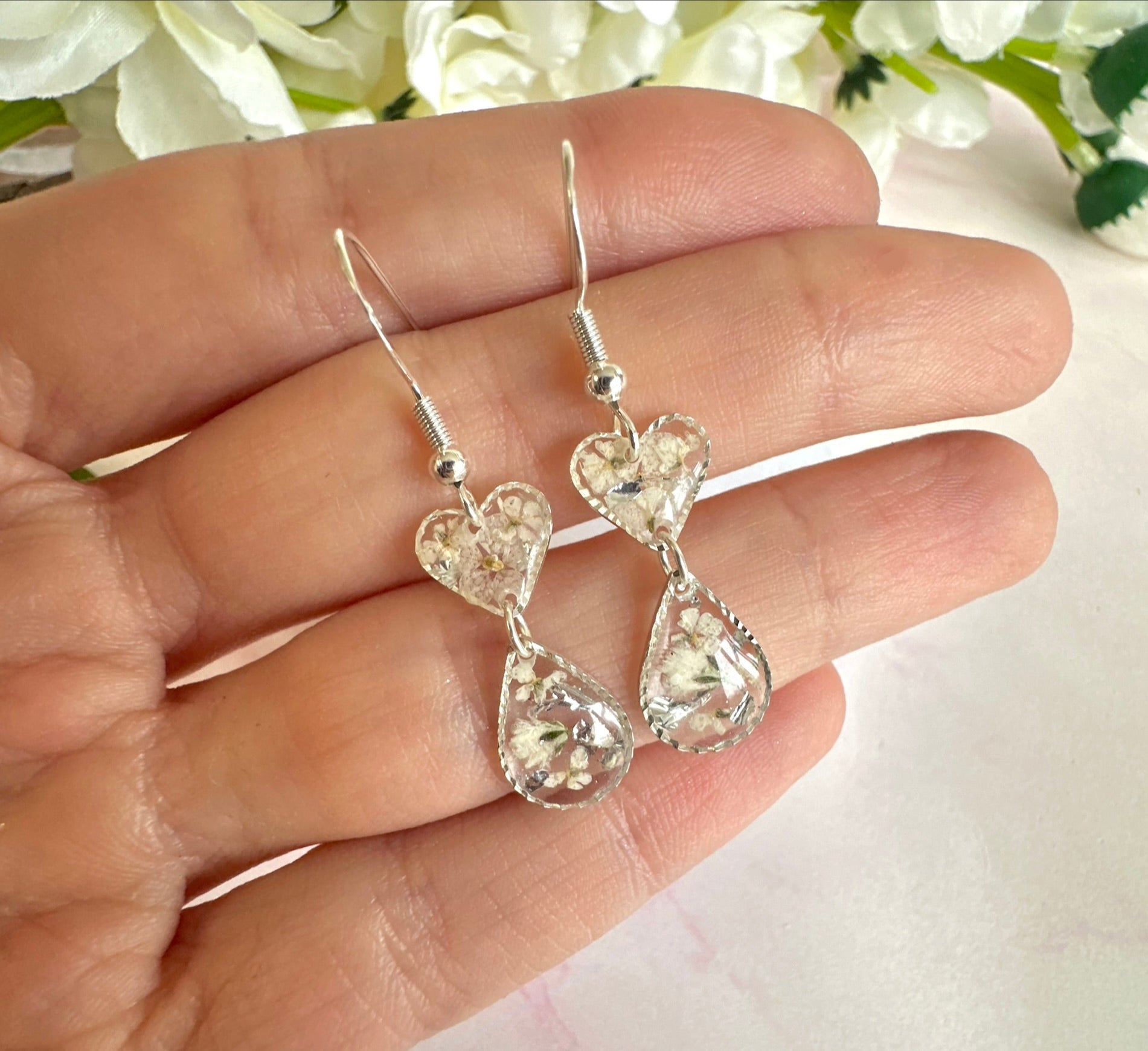 Tiny white flower Heart drop hook earrings.