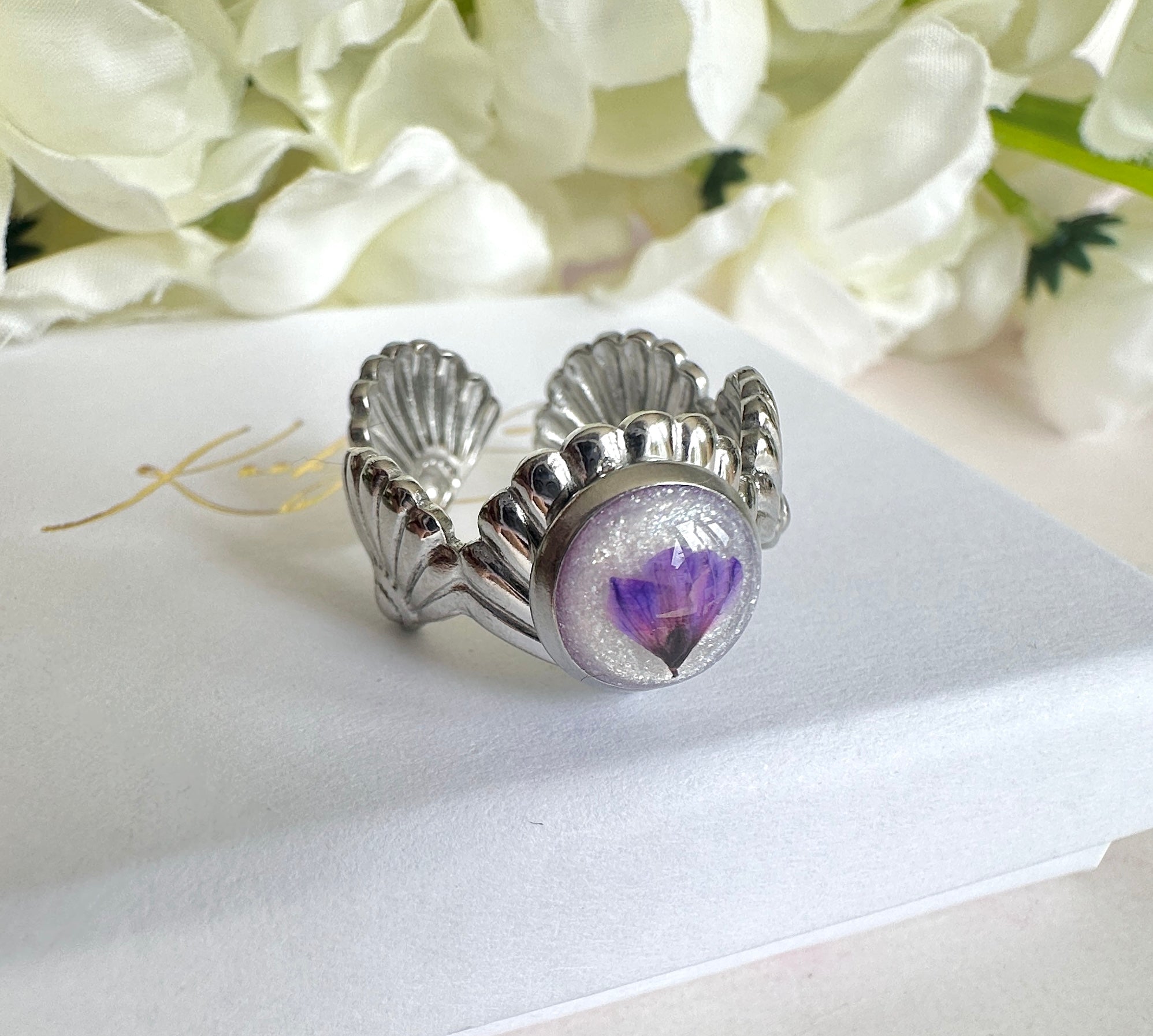 Silver seashell Purple blossom cuff ring.