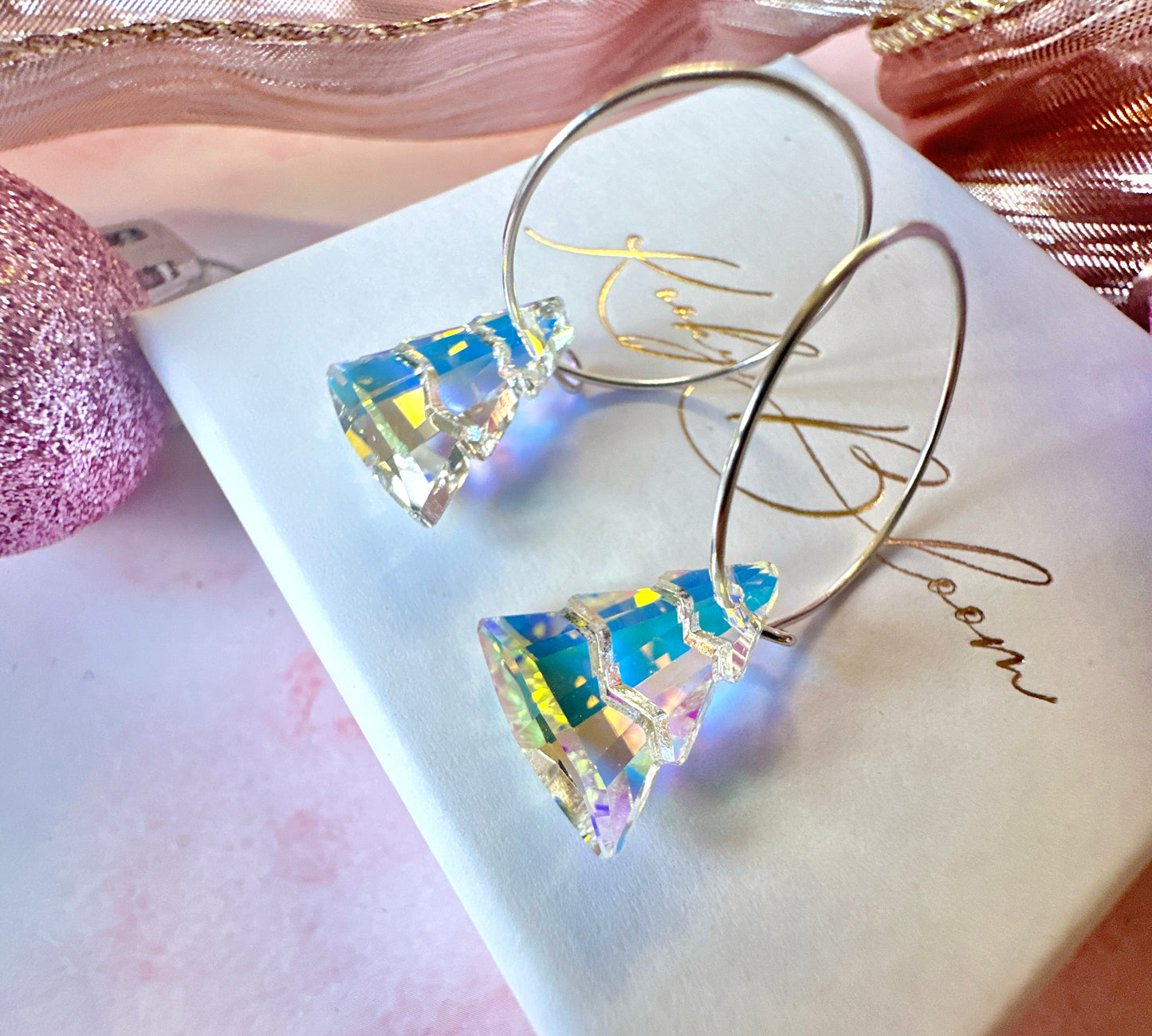 925 sterling Silver iridescent Glass Christmas tree hoop earrings.