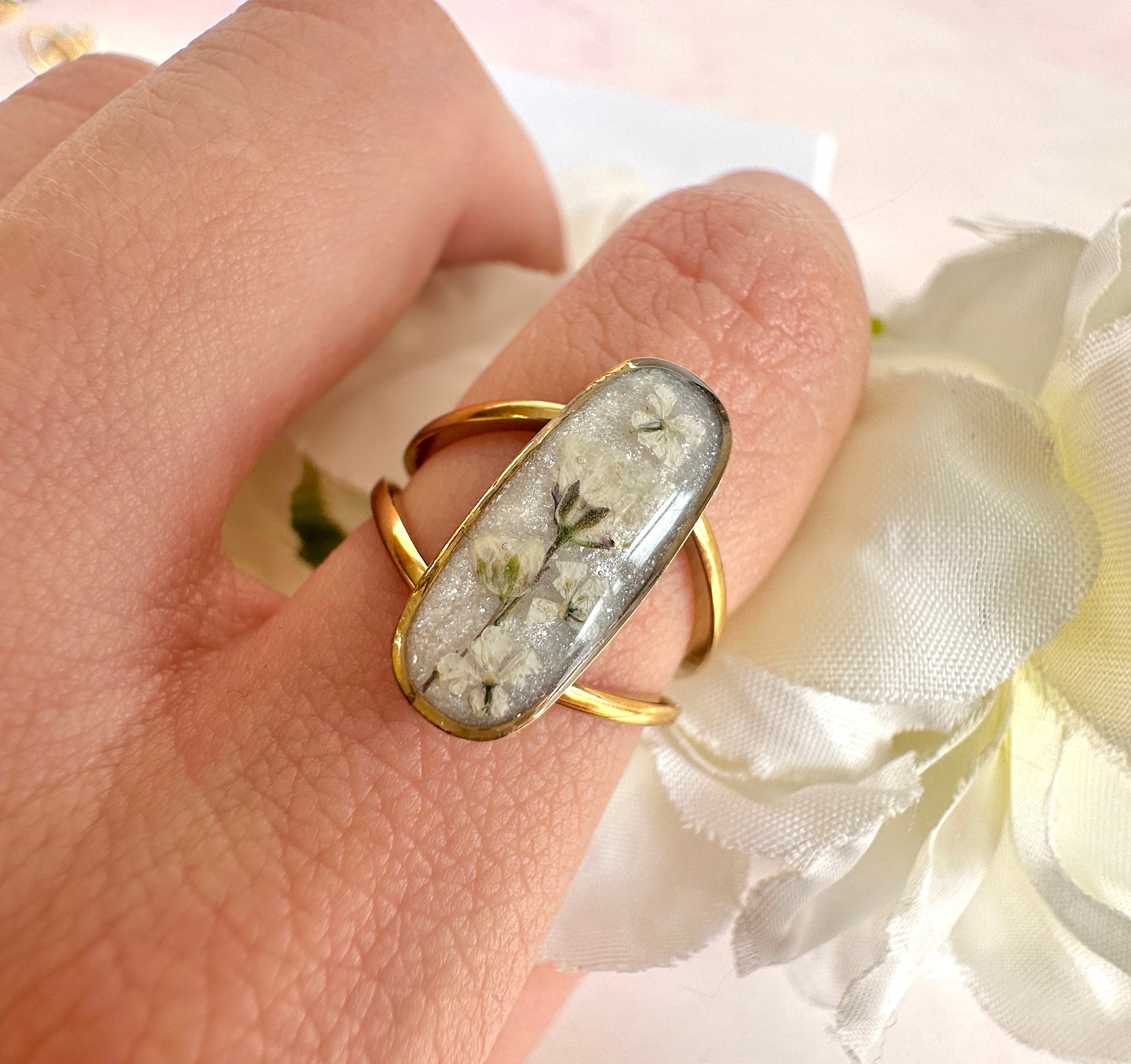Gold wrap around Real gypsophila flower ring.