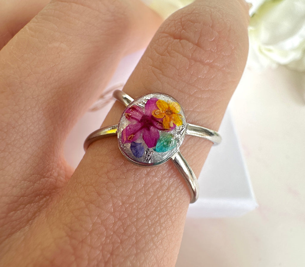 Silver Multicoloured Flower wrap cuff ring.
