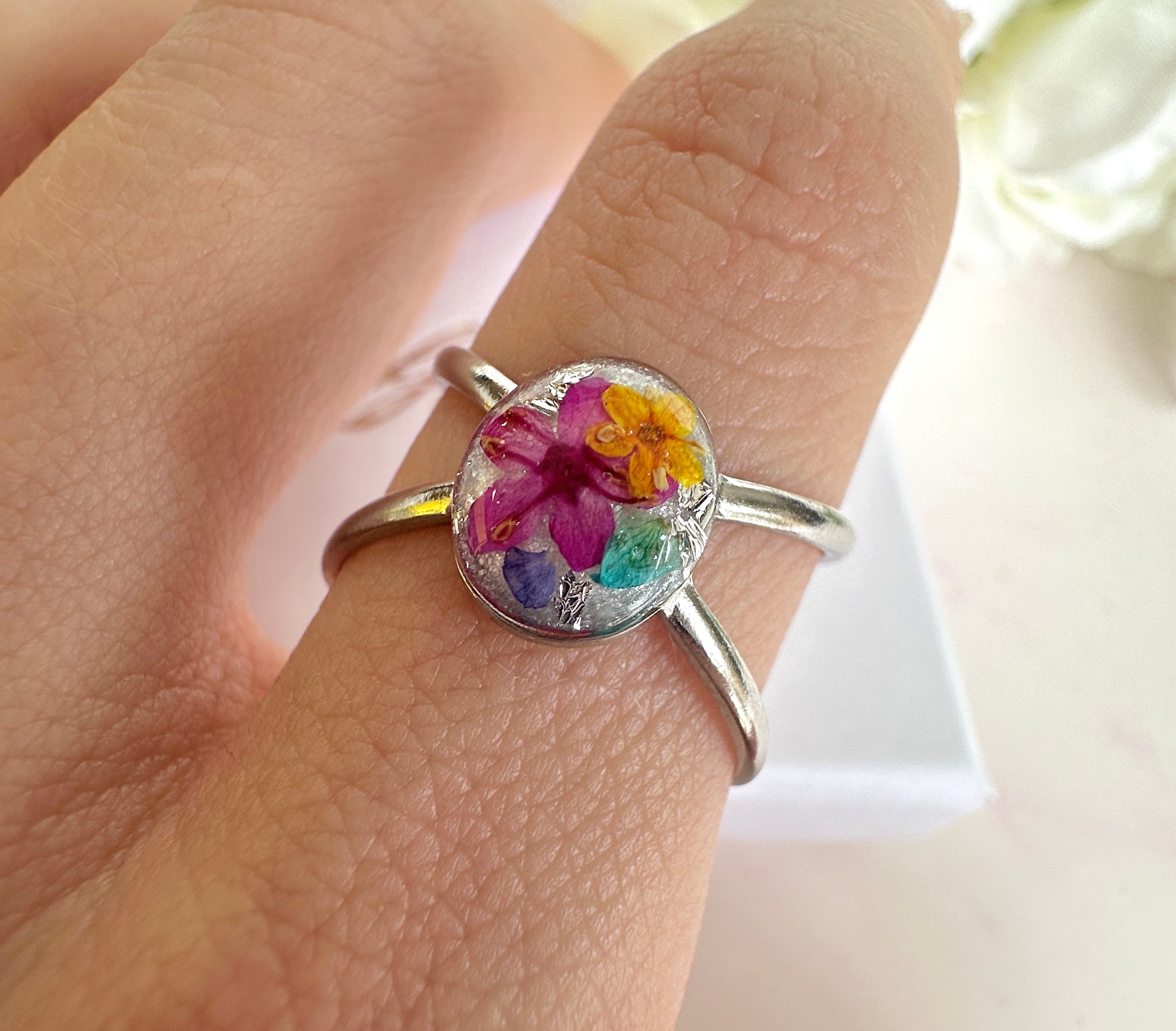 Silver Multicoloured Flower wrap cuff ring.