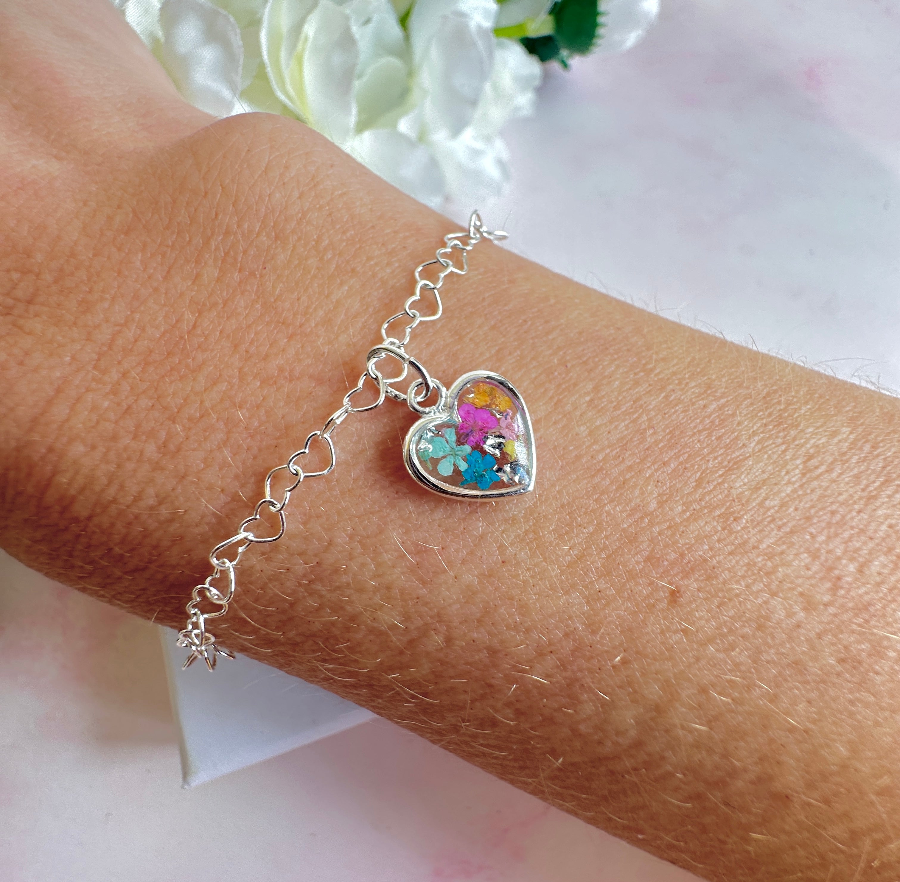 925 sterling silver Heart link colourful confetti heart bracelet.