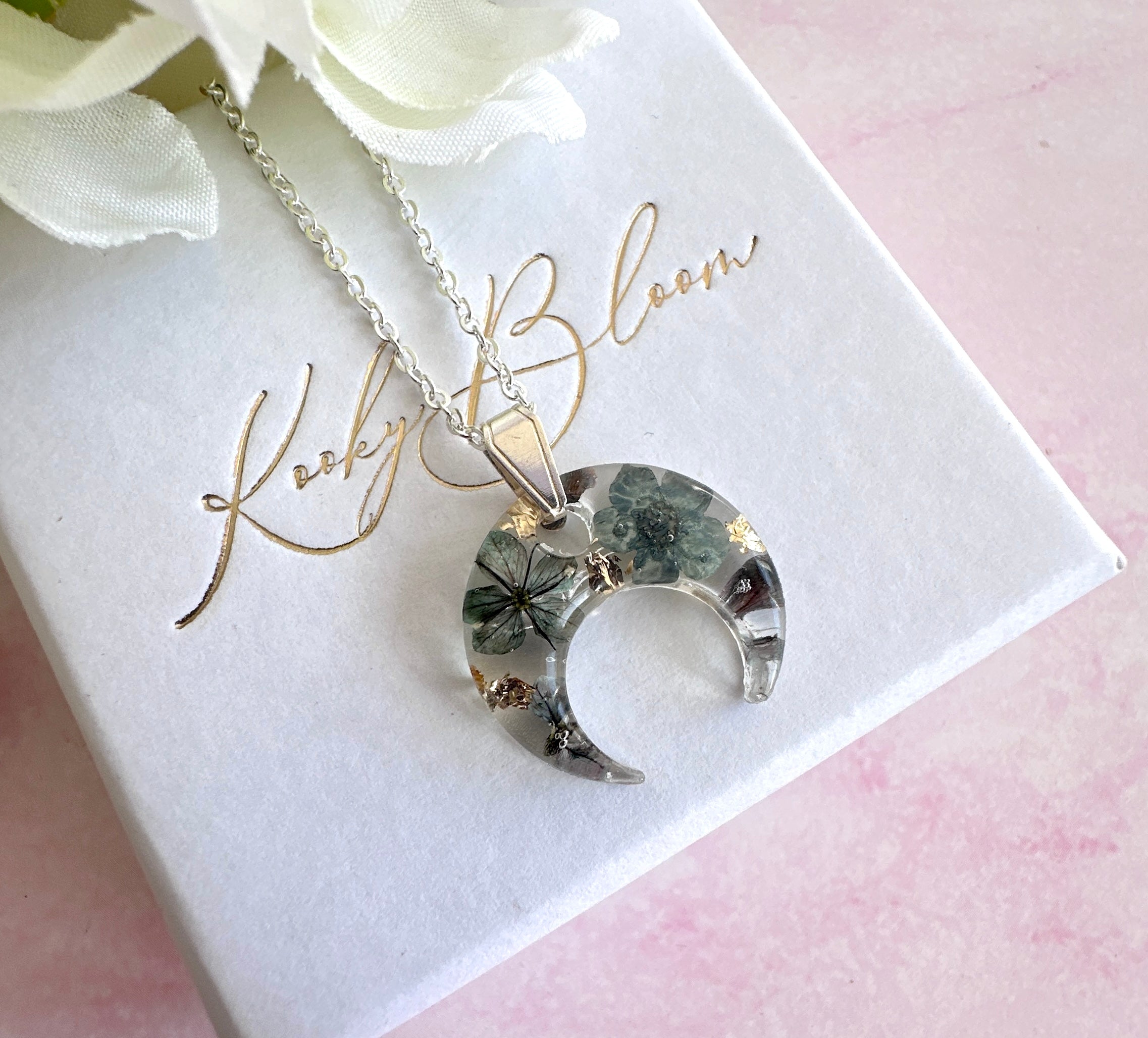 Silver Midnight petal flower crescent necklace