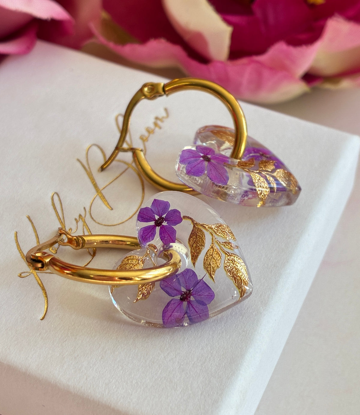 Frosted Violet bloom Heart earrings.