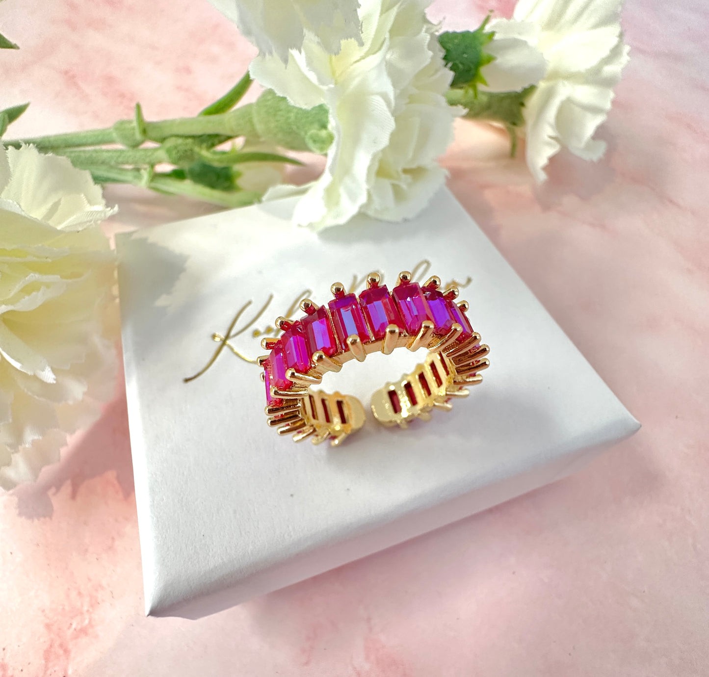 Gold Fuchsia rectangle stone Adjustable ring.