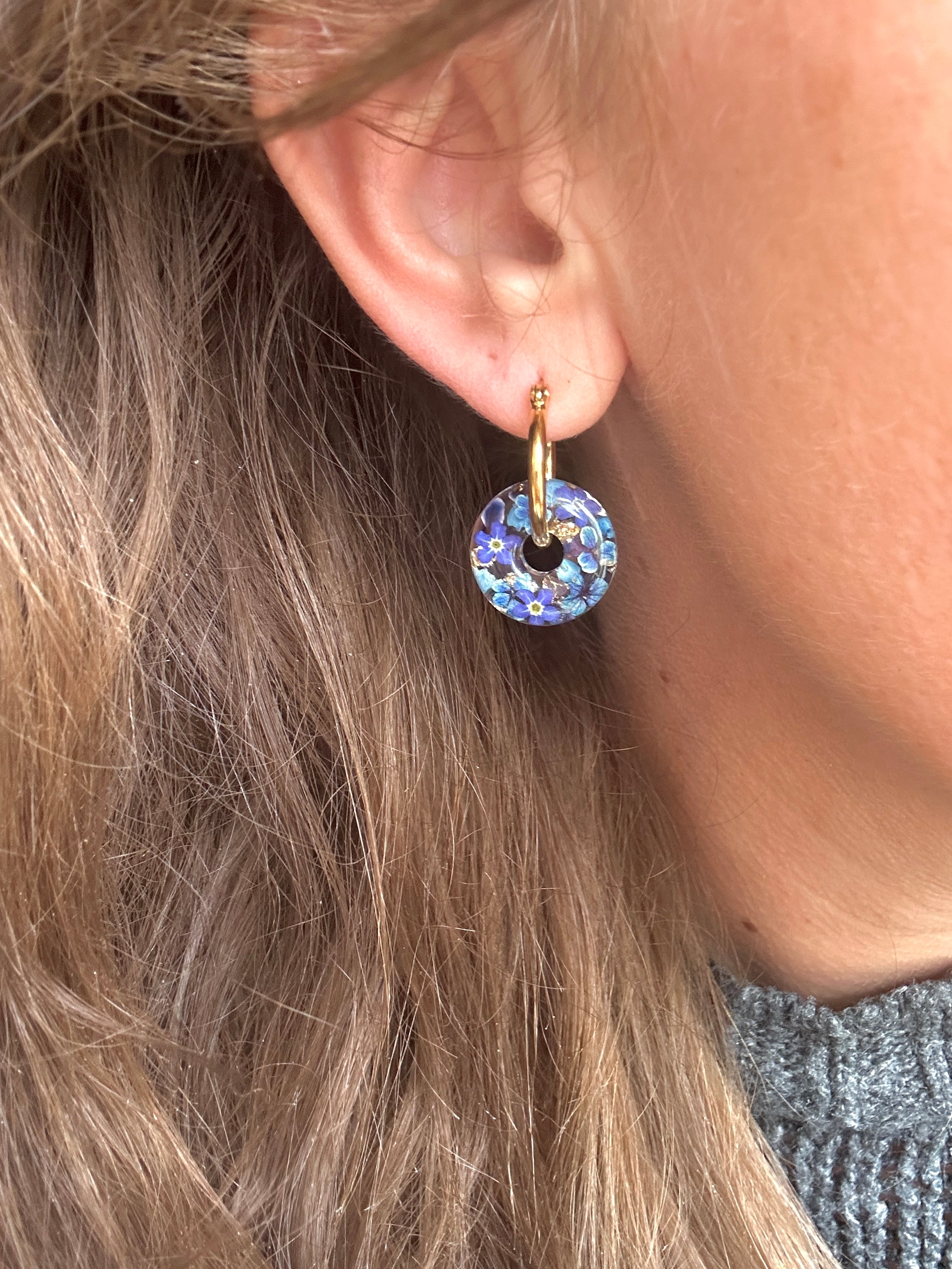 Denim Donut bloom earrings.