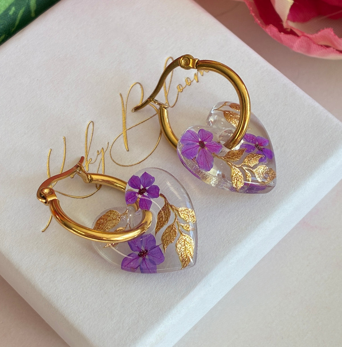 Frosted Violet bloom Heart earrings.