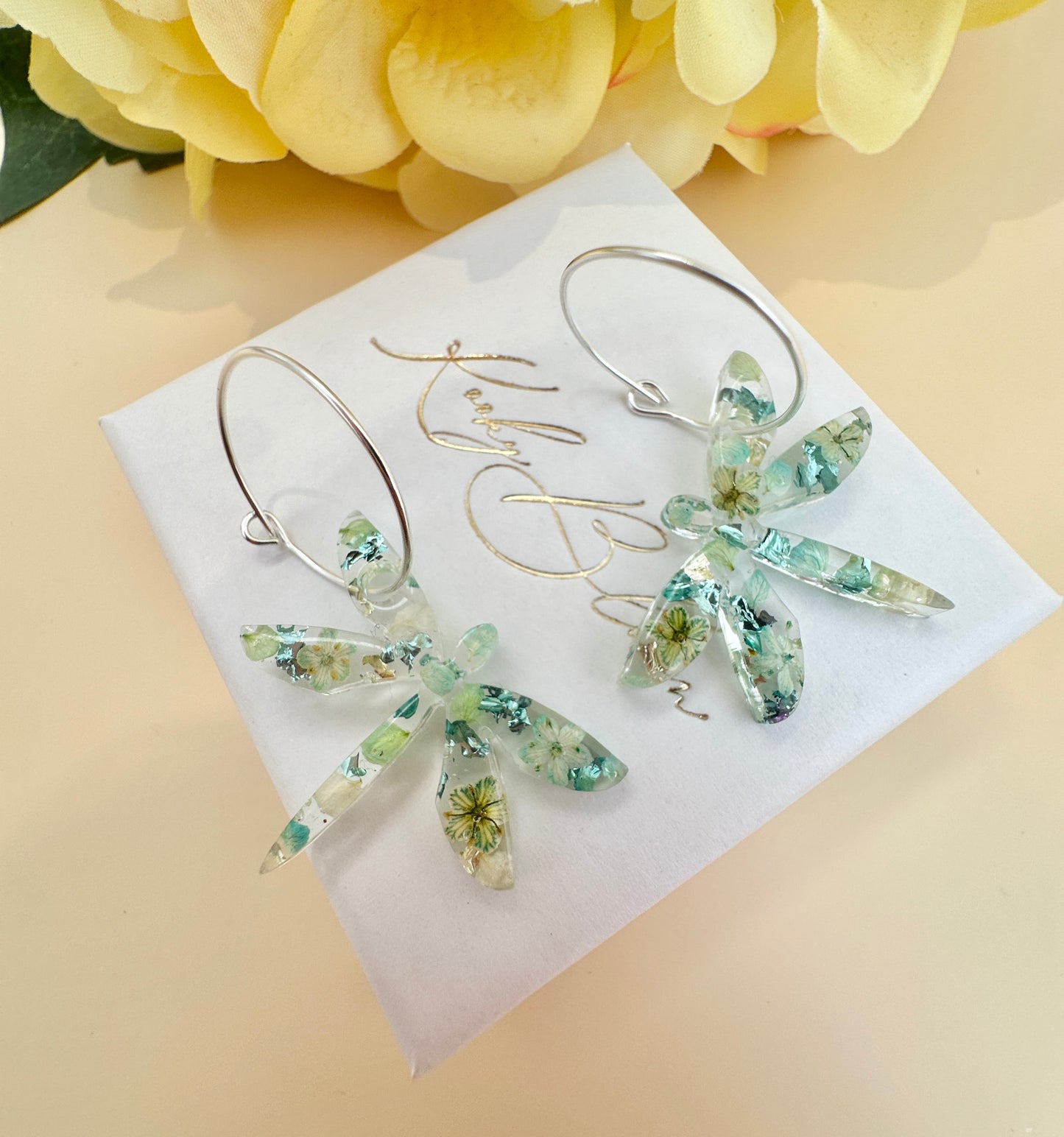 Dragonfly blue green Flower hoop earrings.