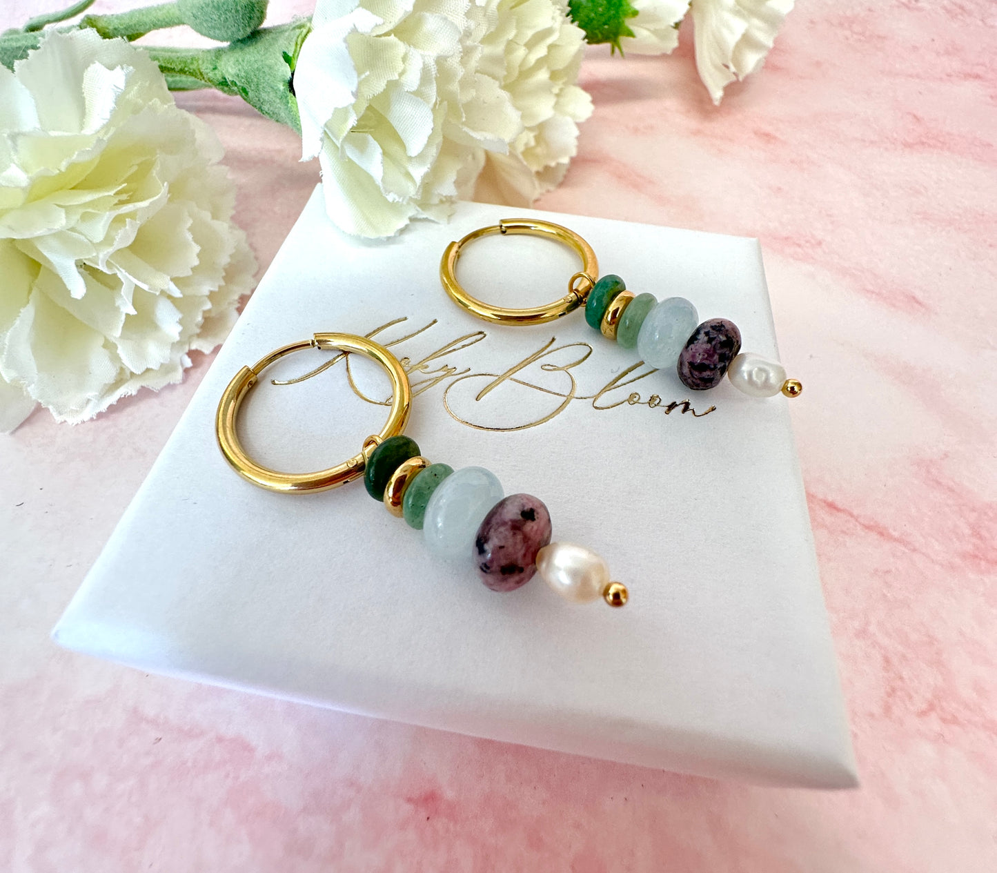 Gold natural gemstone bead drop hoop earrings .