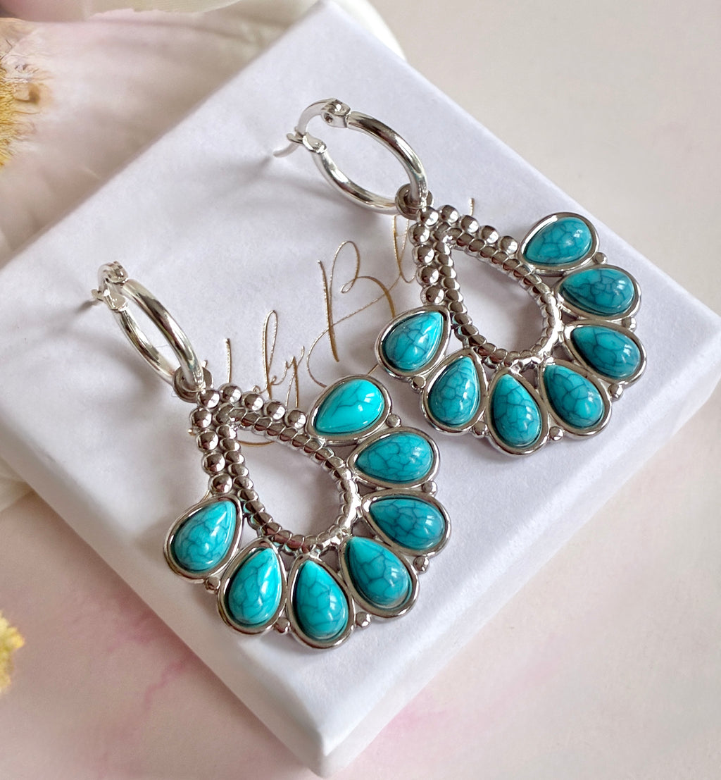 Silver Turquoise Boho hoop earrings