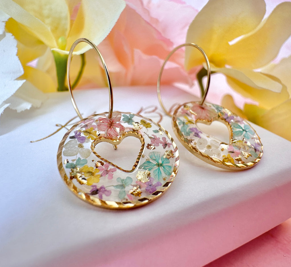 Pastel confetti flower Heart hoop earrings.