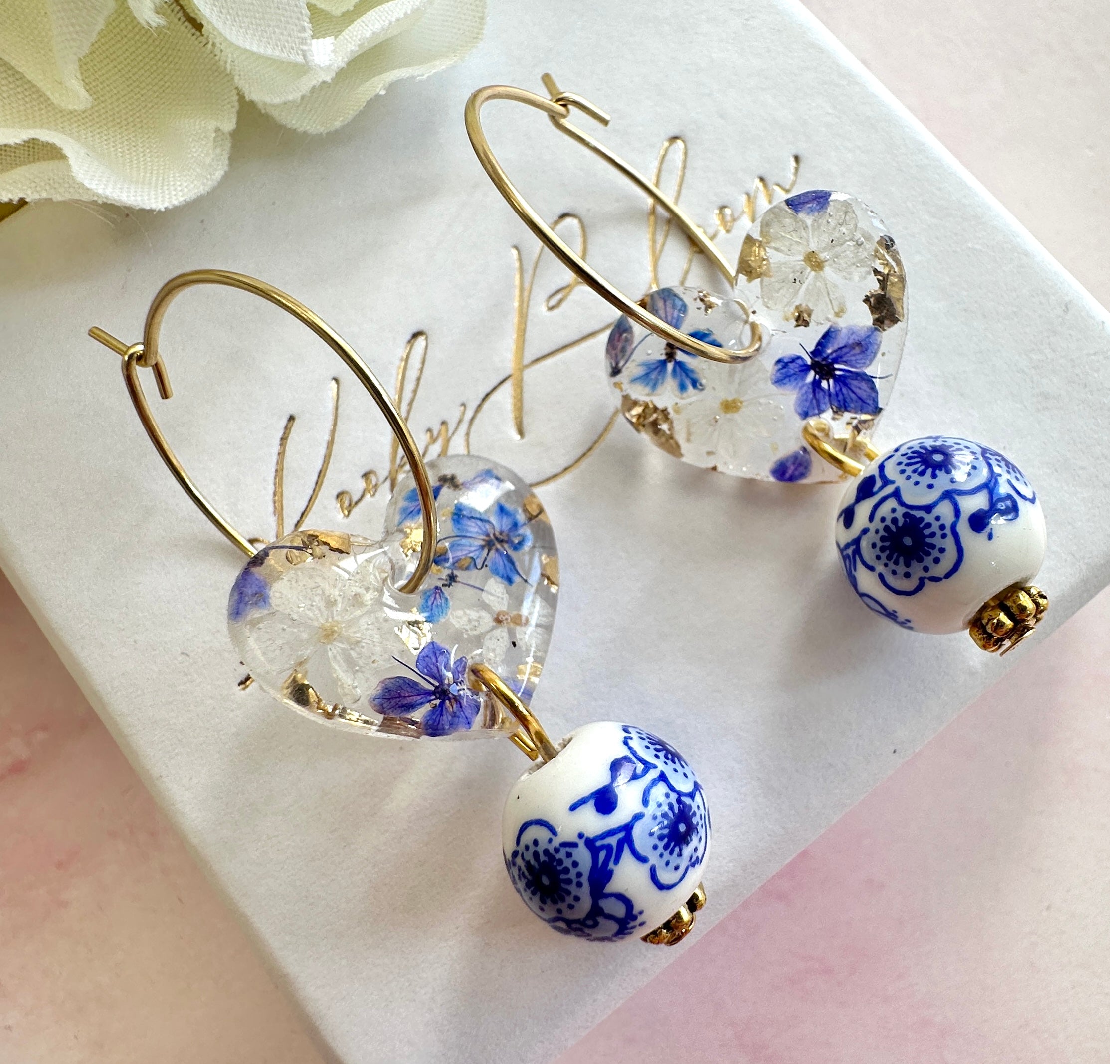 Ceramic Blue willow bead Flower Heart hoop earrings.