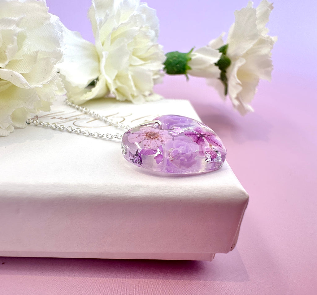 Silver Lilac Rose blossom Heart necklace.