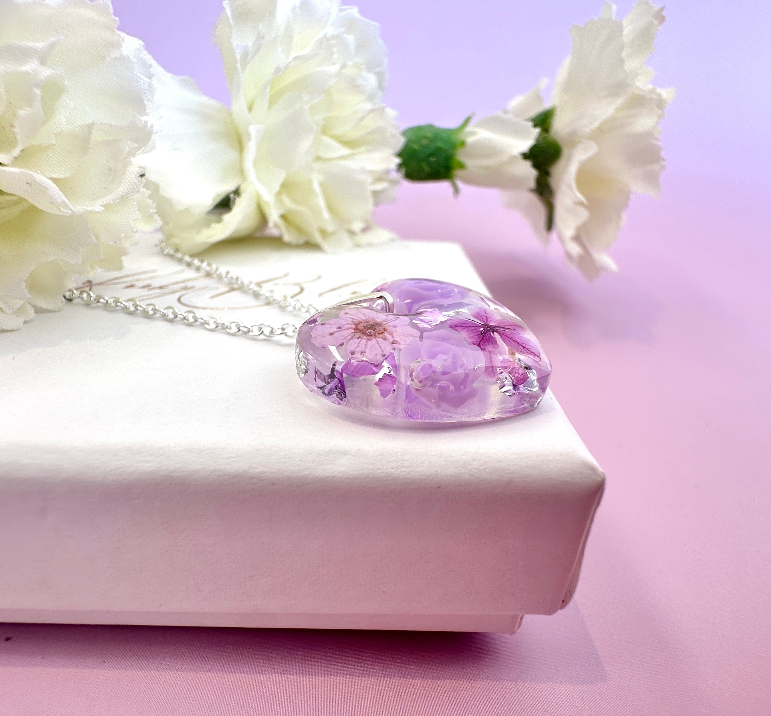 Silver Lilac Rose blossom Heart necklace.