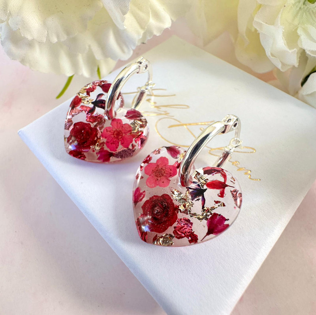 Magenta rose Love heart earrings.