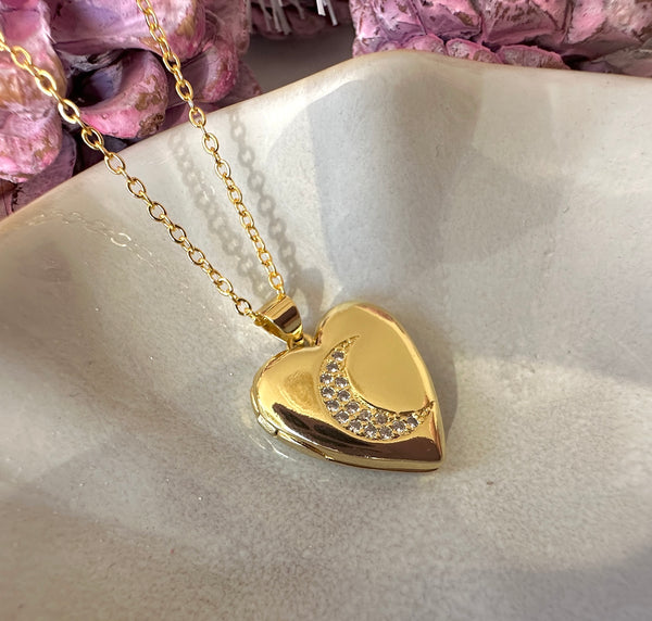 Gold Moon Heart Locket necklace.