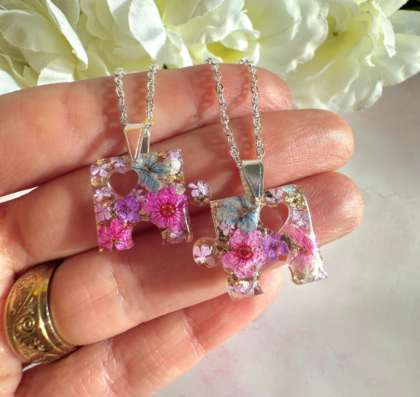 Silver real flower Puzzle piece Necklace.