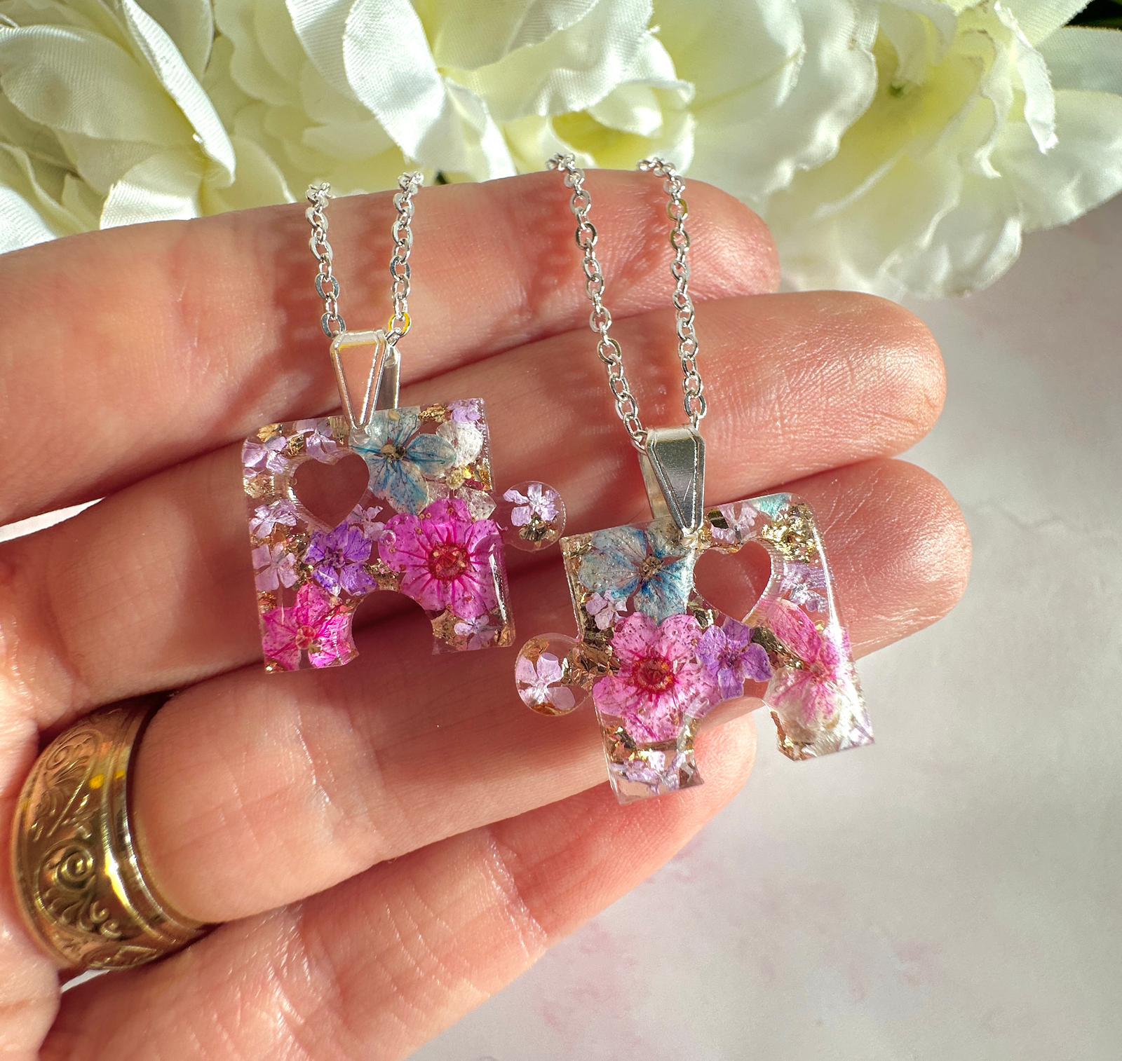 Silver real flower Puzzle piece Necklace.