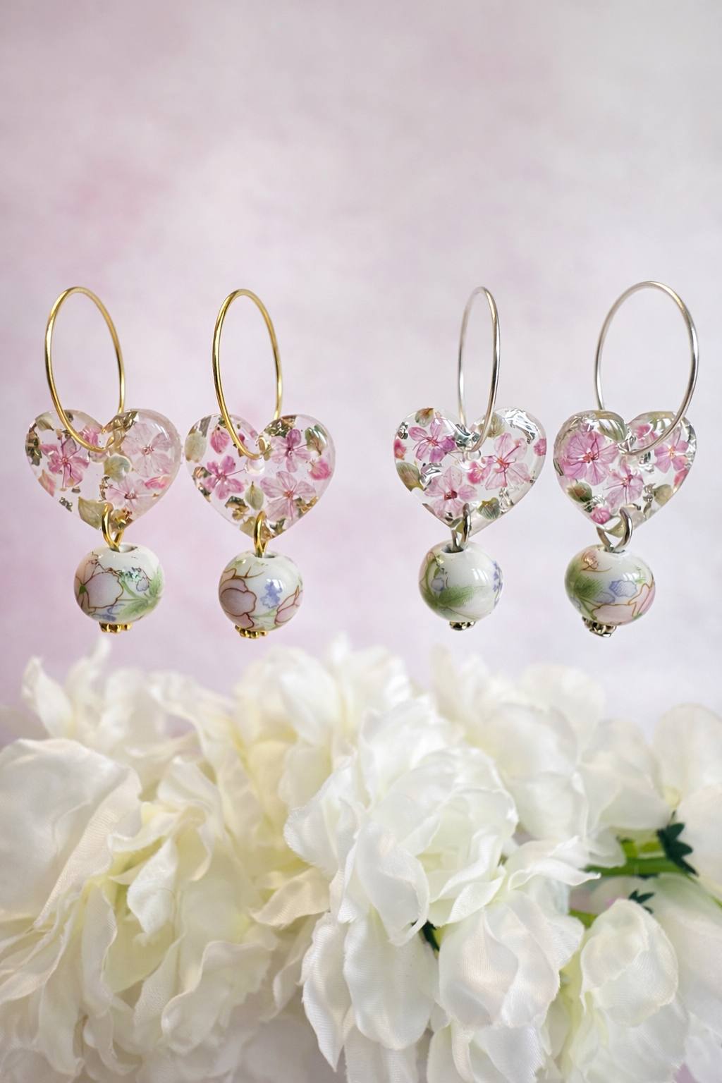 Ceramic bead drop bloom Heart hoop earrings