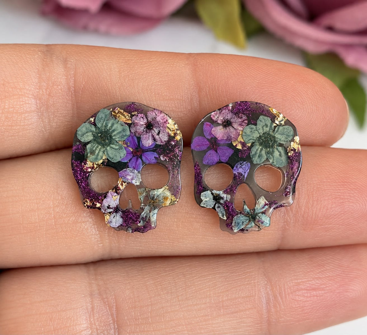 Mini Nightshade bloom Skull stud earrings
