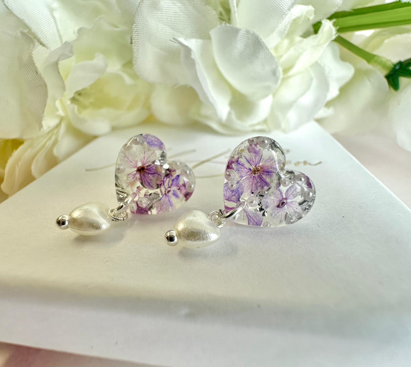 Lilac bloom Heart Pearl drop 925 sterling silver stud earrings