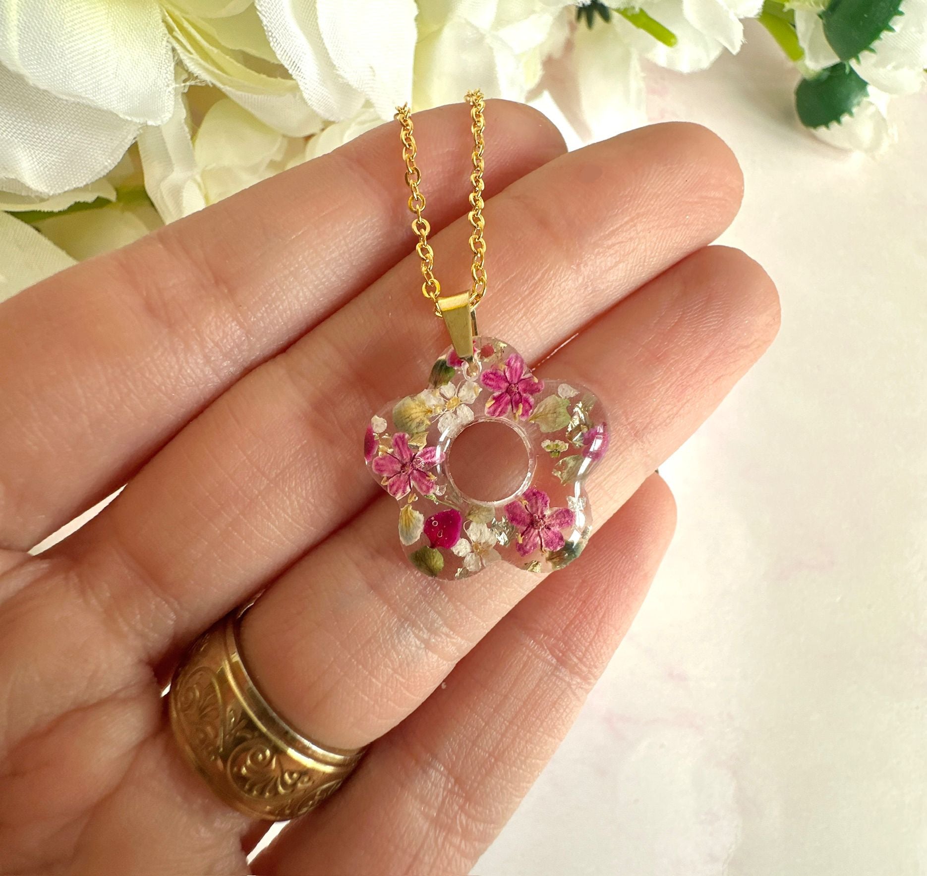 Gold raspberry ripple Bloom Flower necklace.