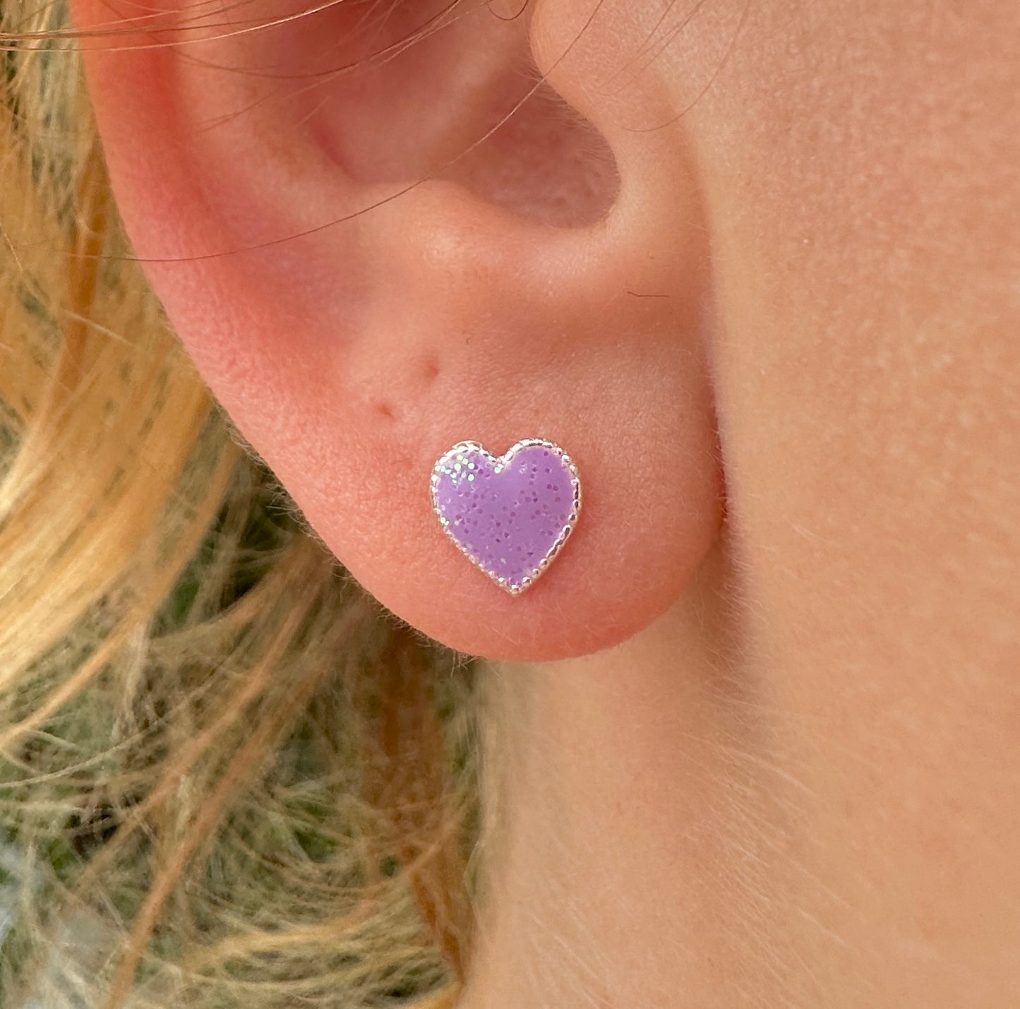 925 Sterling silver Lilac Heart stud earrings.