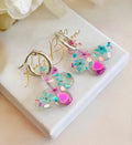 Pink Blue bloom Butterfly hoop earrings.