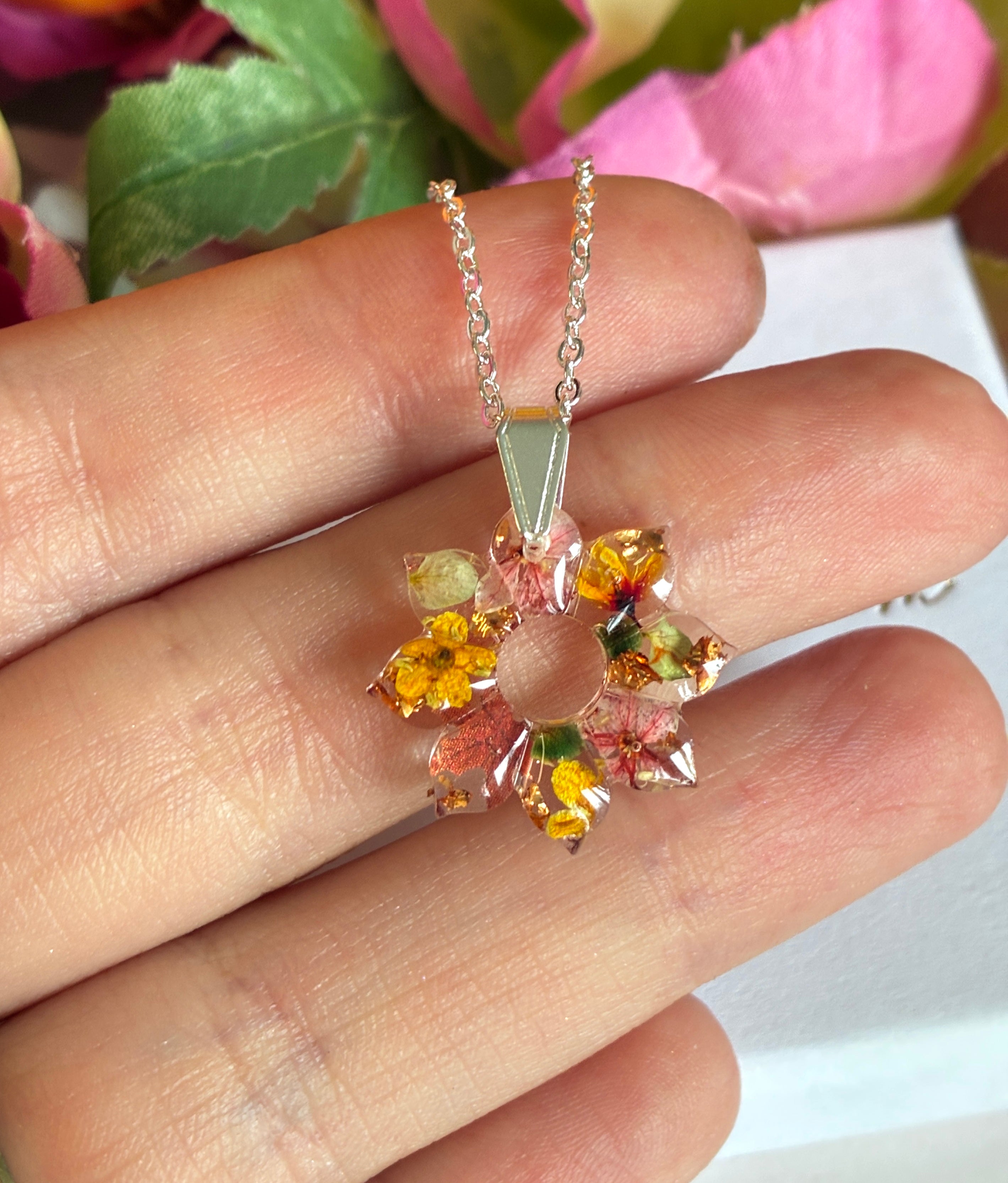 Silver Autumn Sunflower Bloom necklace.