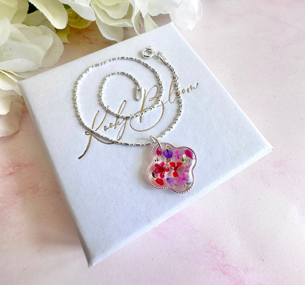 925 sterling silver Clover Pink purple flower confetti bracelet.